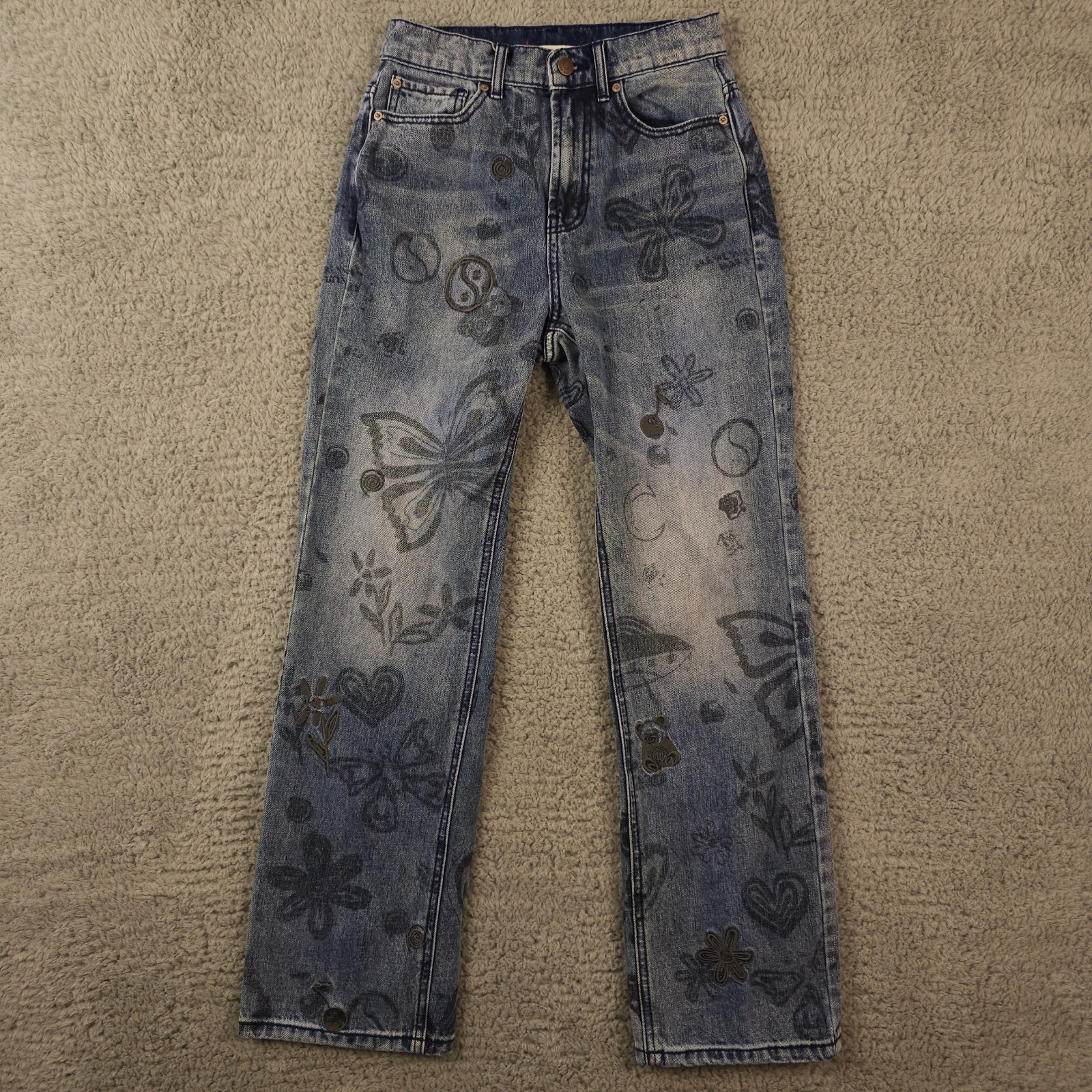 BDG Jeans Womens 26 Blue Cowboy Graffiti AOP Embroidered Urban Outfitters Denim