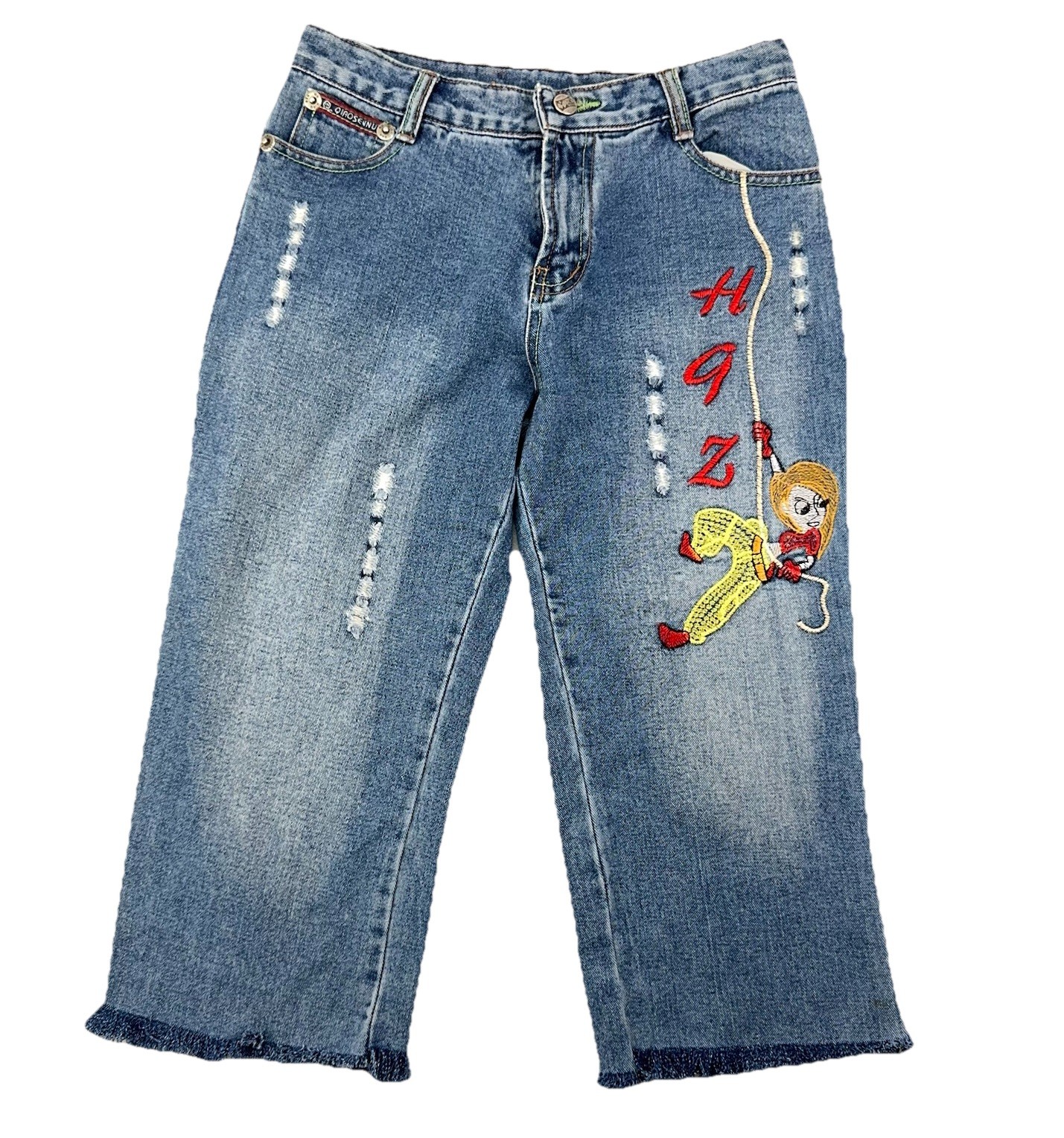 Rare Y2K QIAOSENNU Embroidered Anime Style Jeans Women’s 27”w  Raw Hem Cropped
