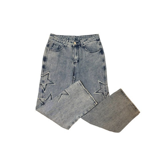 Romwe Womens Star Patch Wide Leg Jeans Light Wash High Rise Y2K Denim Small