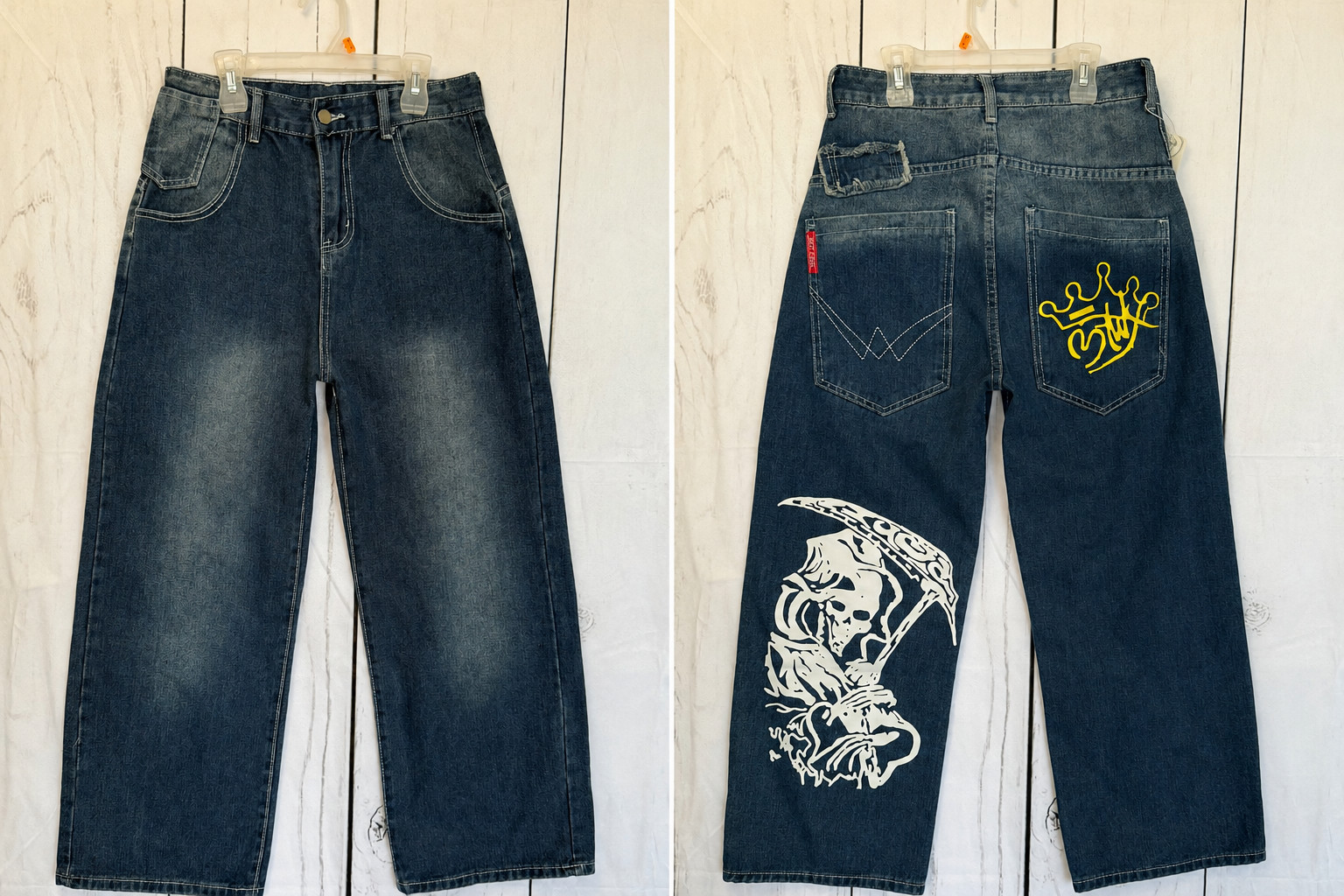 Y2K Grim Reaper Baggy Jeans Size S Dark Wash Wide Leg Skater Goth Graphic