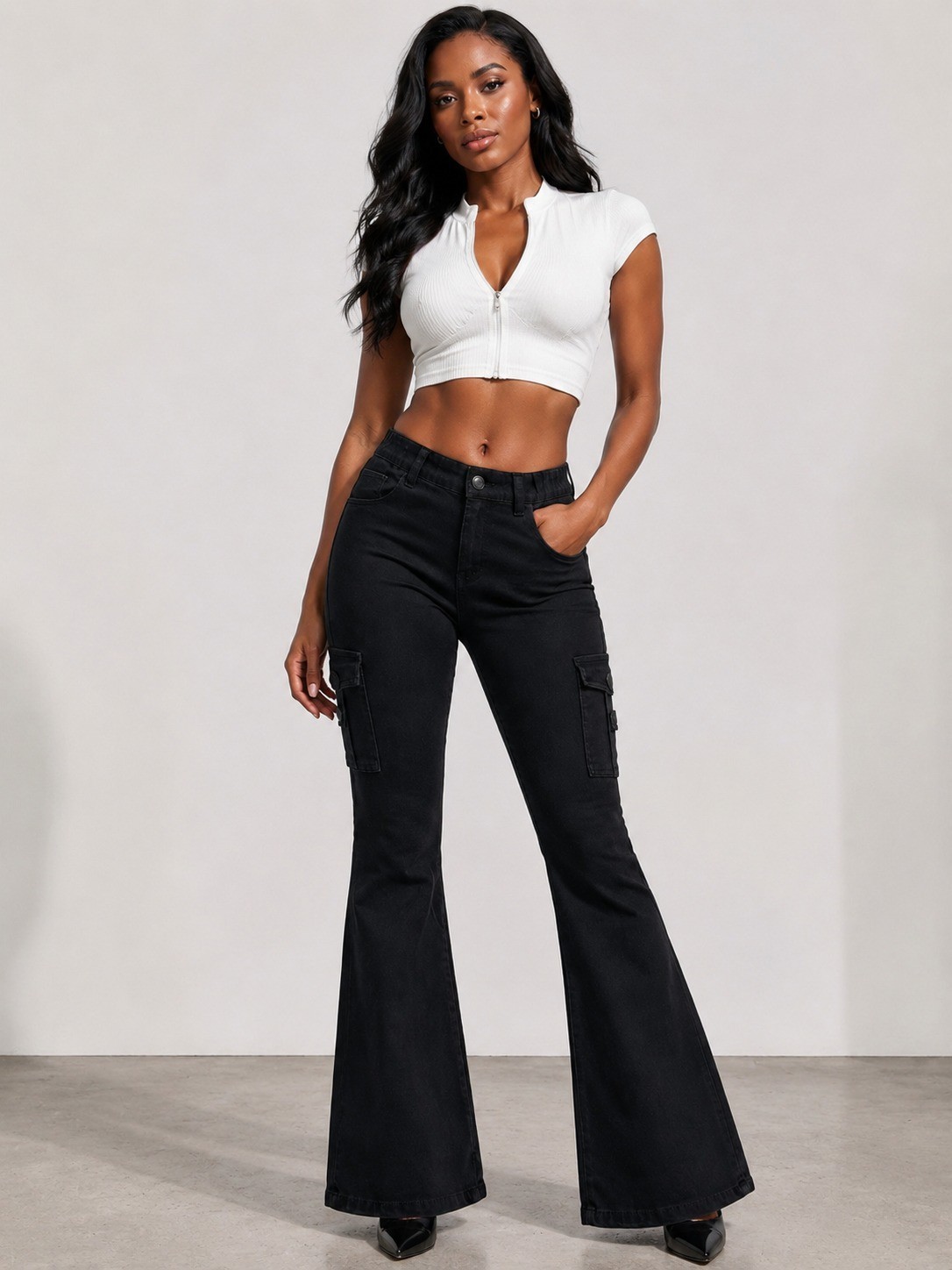 Women Low Rise Cargo Flare Jeans Y2K Streetwear Casual Baggy Denim Pants