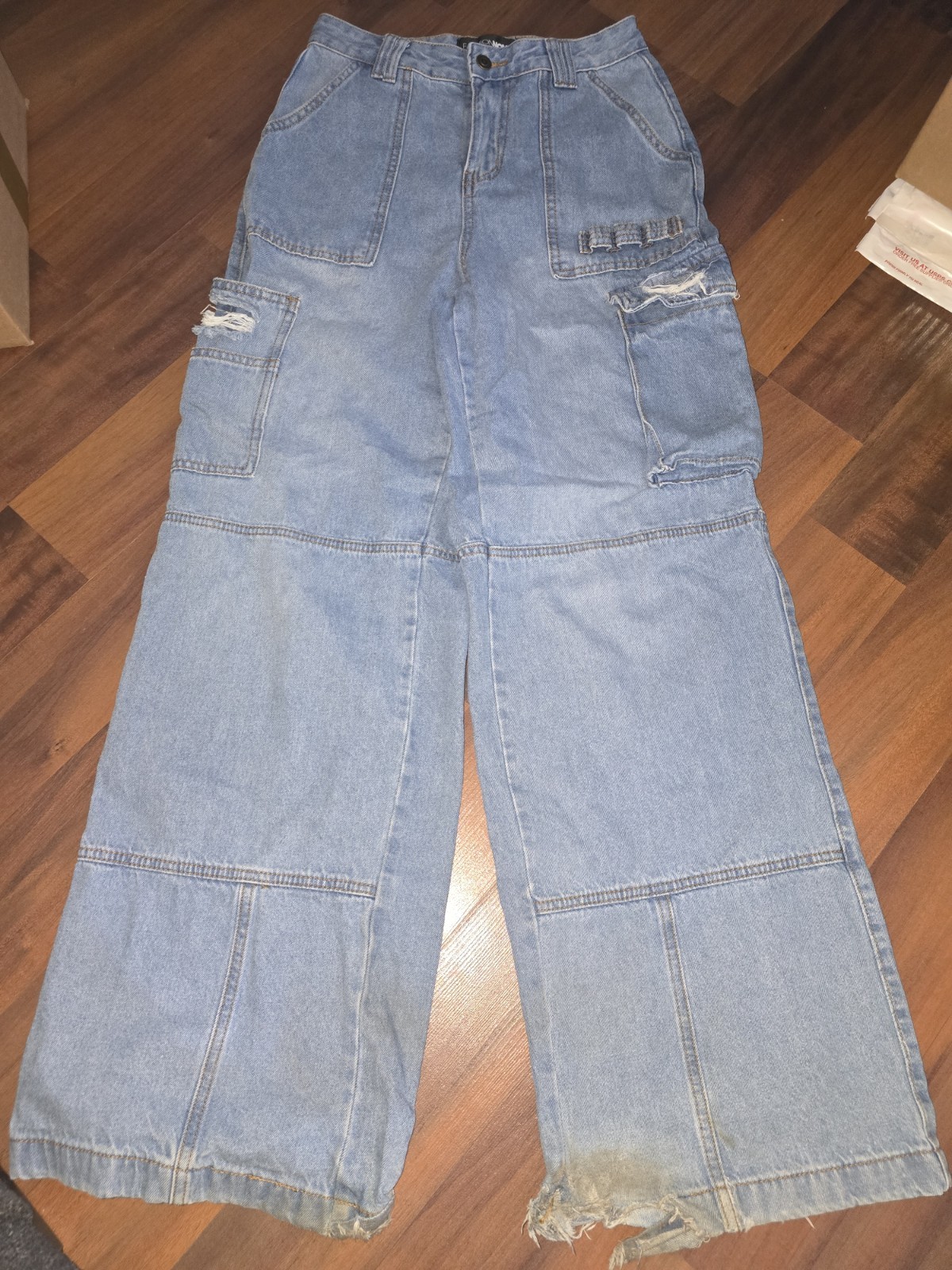 Fashion Nova Distressed Cargo Jeans Wide Leg Baggy Y2K Utility Denim Sz 3