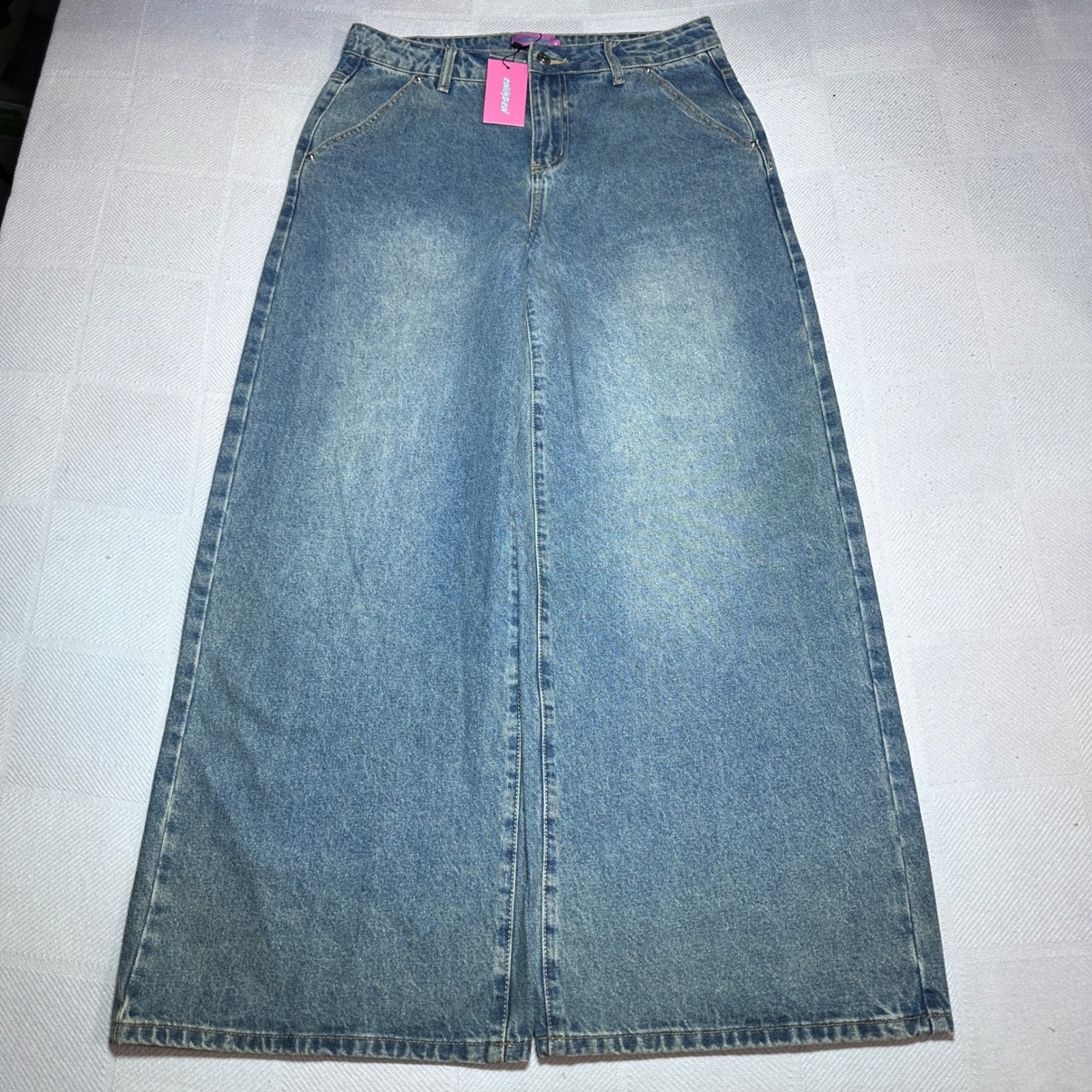 NEW Edikted Wide Leg Jeans Womens Medium High Waisted Relaxed Baggy Denim Blue