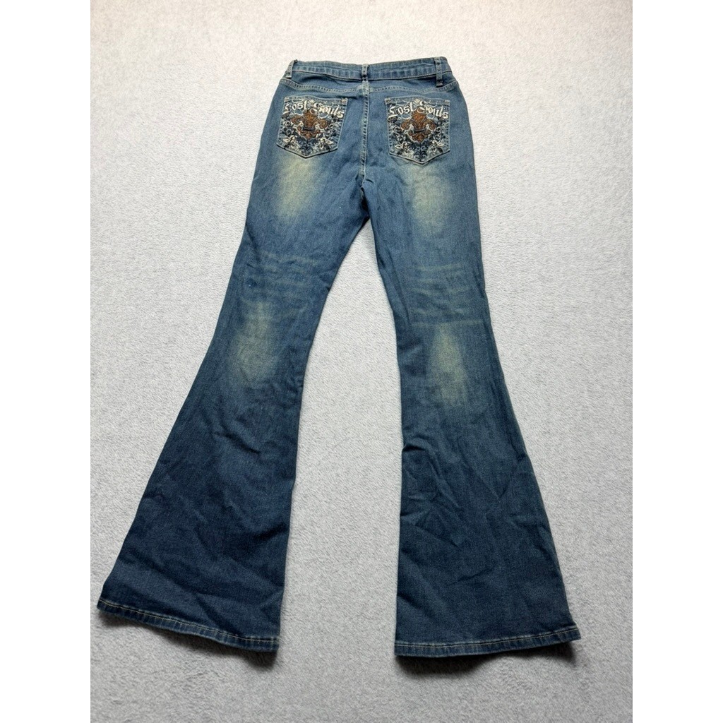 Lost Souls Y2K Flare Jeans Fleur De Lis Embroidered Pockets Medium Wash Denim