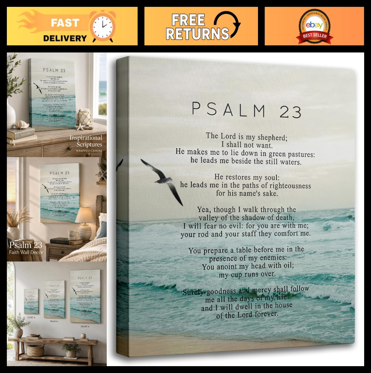 Psalm 23 Canvas Wall Art - Inspirational Scripture Decor for Home, Office, Churc
