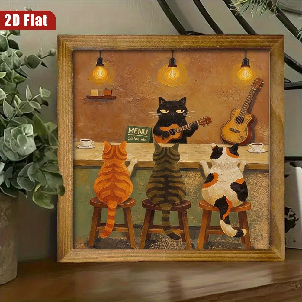 Cute Cats Coffee Bar Guitar Vintage Wooden Decor Farmhouse Sign Plaque