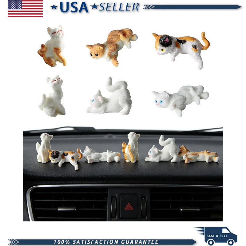 Cute Cat Dashboard Decor Set 6, Mini Resin Car Interior Funny Rearview Mirror