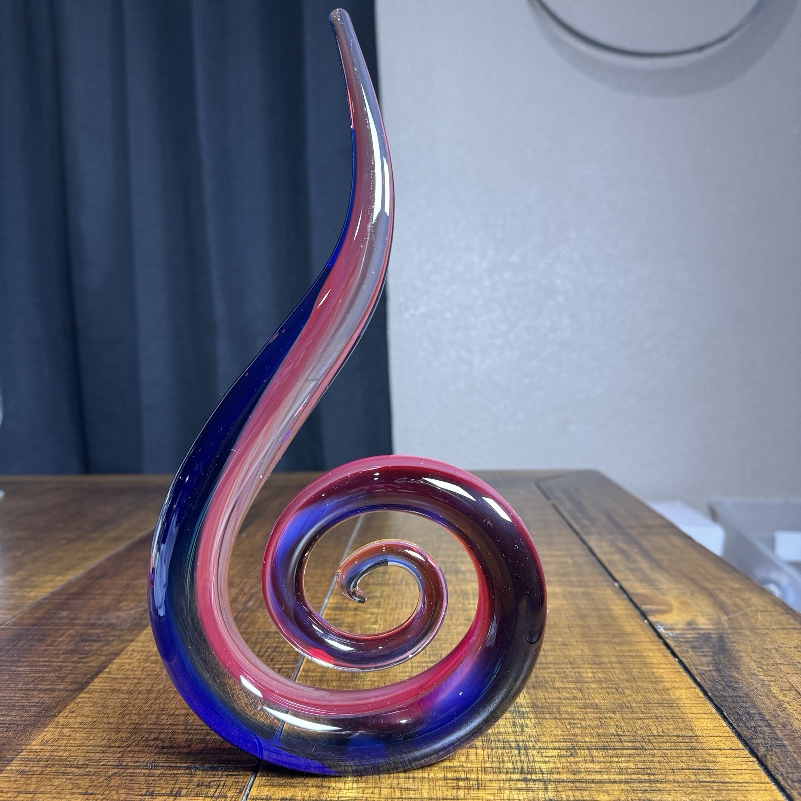 12" Clear, Cranberry Red & Blue Murano Glass Modern Abstract Tabletop Sculpture