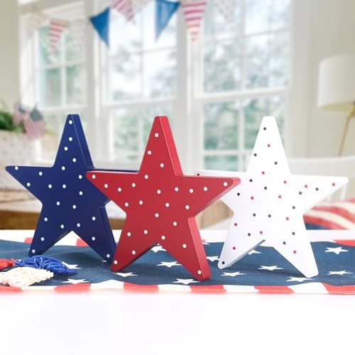 4th of July Decorations-3Pcs Patriotic Wooden Stars Sign-Classic Red White
