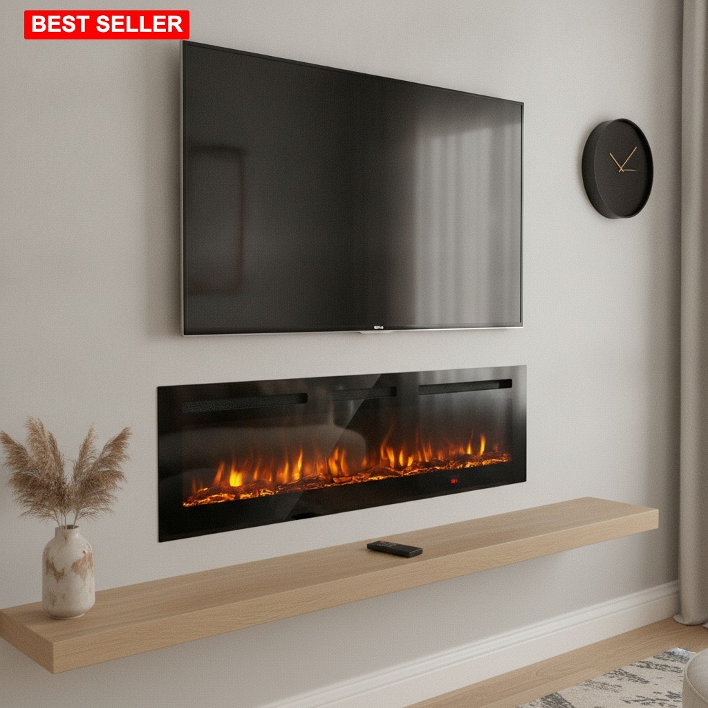 Electric Fireplace 60 Inch Wide Recessed Wall Mount Modern TV Stand Decor