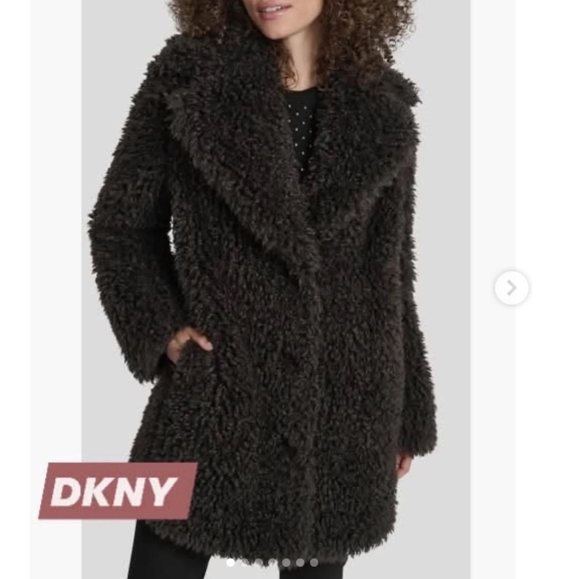 DKNY Faux Fur Coat Women Large Charcoal Black Shaggy Teddy D3128828