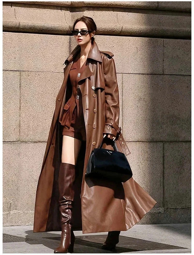 Brown Stylish Party Wear Handmade Genuine Lambskin Leather Women's Trench Coat