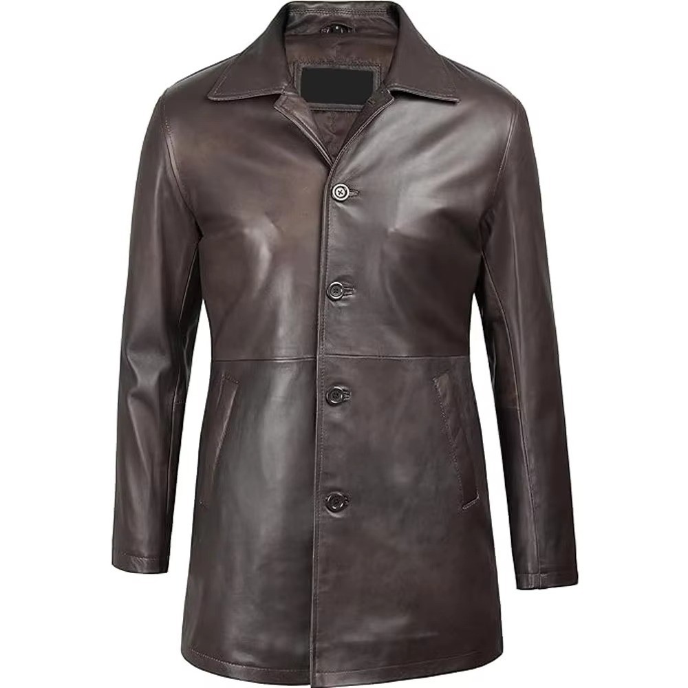 Men’s Black Leather Trench Coat Real Lambskin Leather Stylish Winter ¾ Overcoat