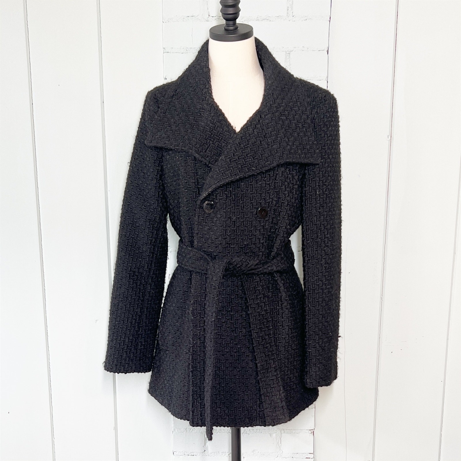 Vintage Calvin Klein Wool Double Breasted Tweed Textured Winter Trench 12 Black