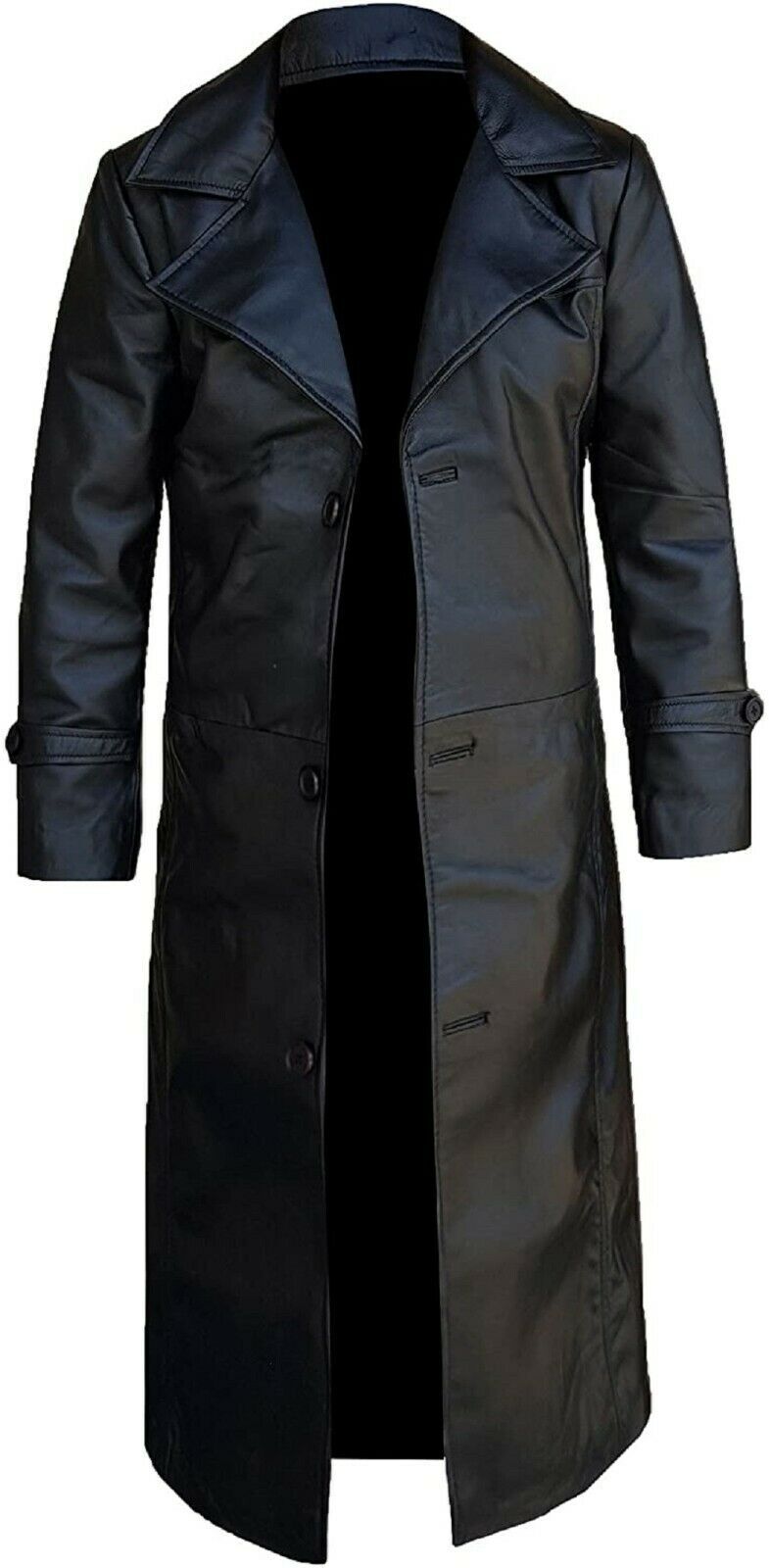 Men's Real Leather Long Trench Coat Full Length Duster Black Winter Overcoat US