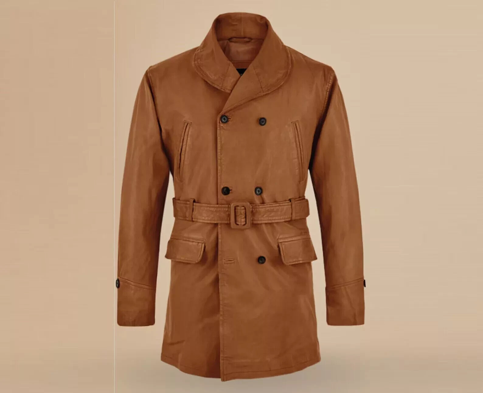Men's Stylish Formal Handmade Trench Coat Genuine Tan Lambskin Leather Casual