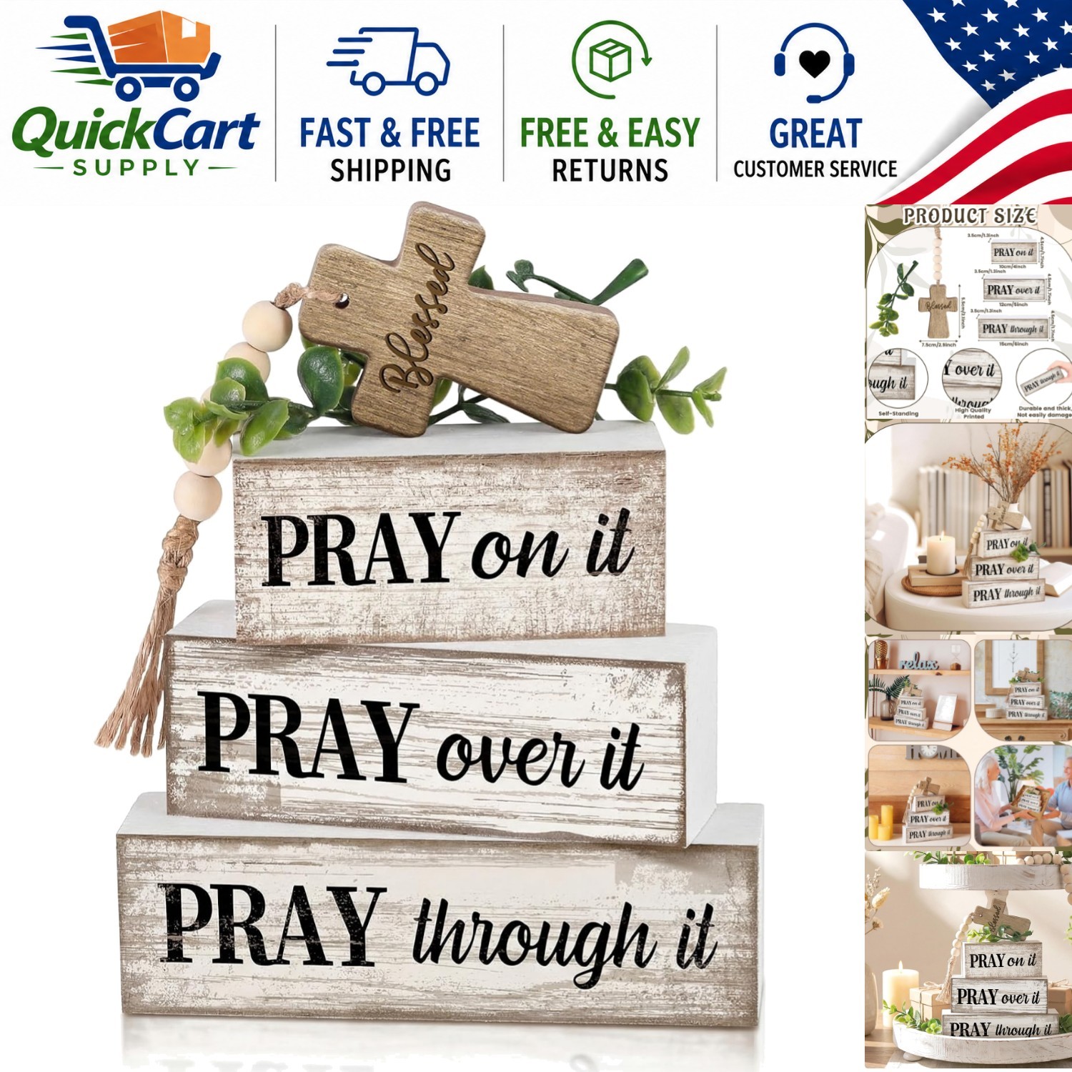 Inspirational Christian Centerpiece - 4 Farmhouse Wooden Signs with Bible Verses