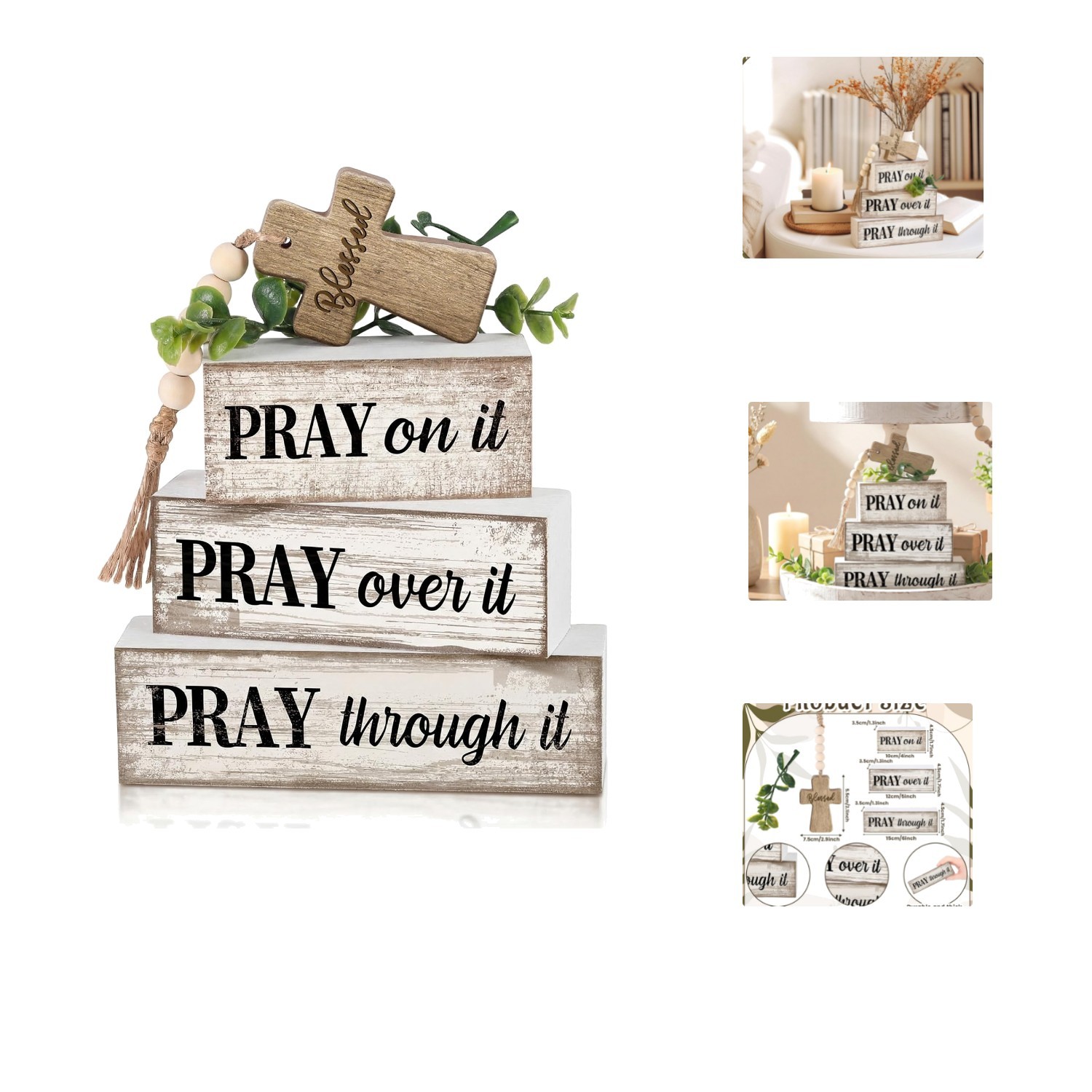 Elegant 4-Piece Wooden Cross Decor with Inspirational Bible Verses - Pray Blocks