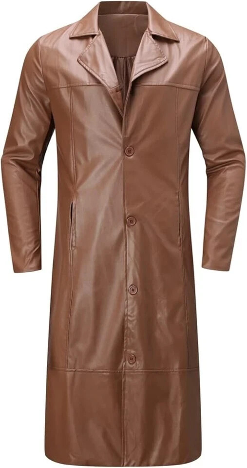 Men's Brown Lambskin Leather Handmade Fashionable Long Stylish Soft Trench Coat