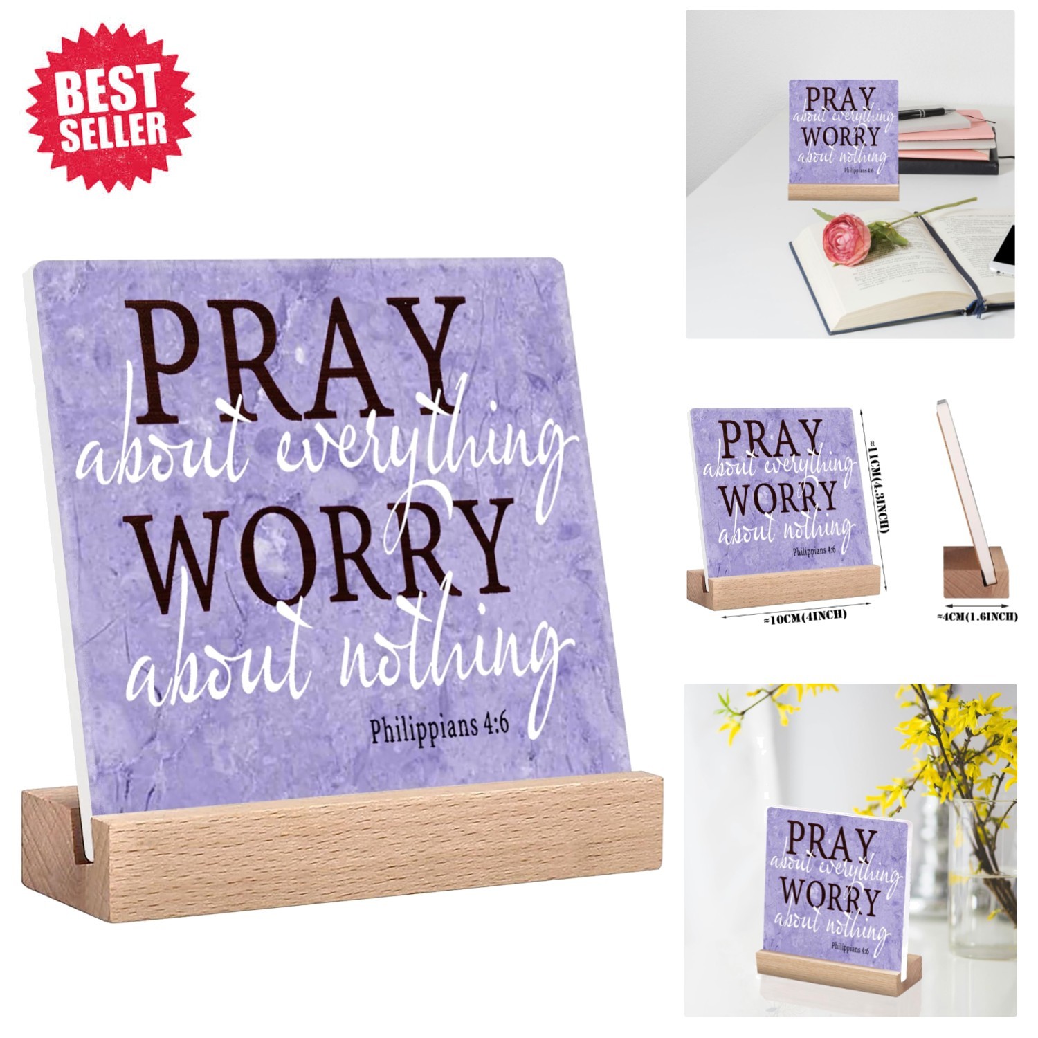 Charming Tabletop Sign: 'Pray About Everything Worry About Nothing' in Lavender