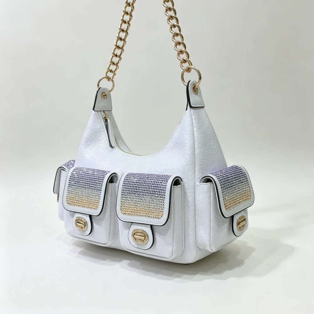 FREE SHIPPING Women’s White Crescent Shoulder Bag, Luxury Rhinestone 