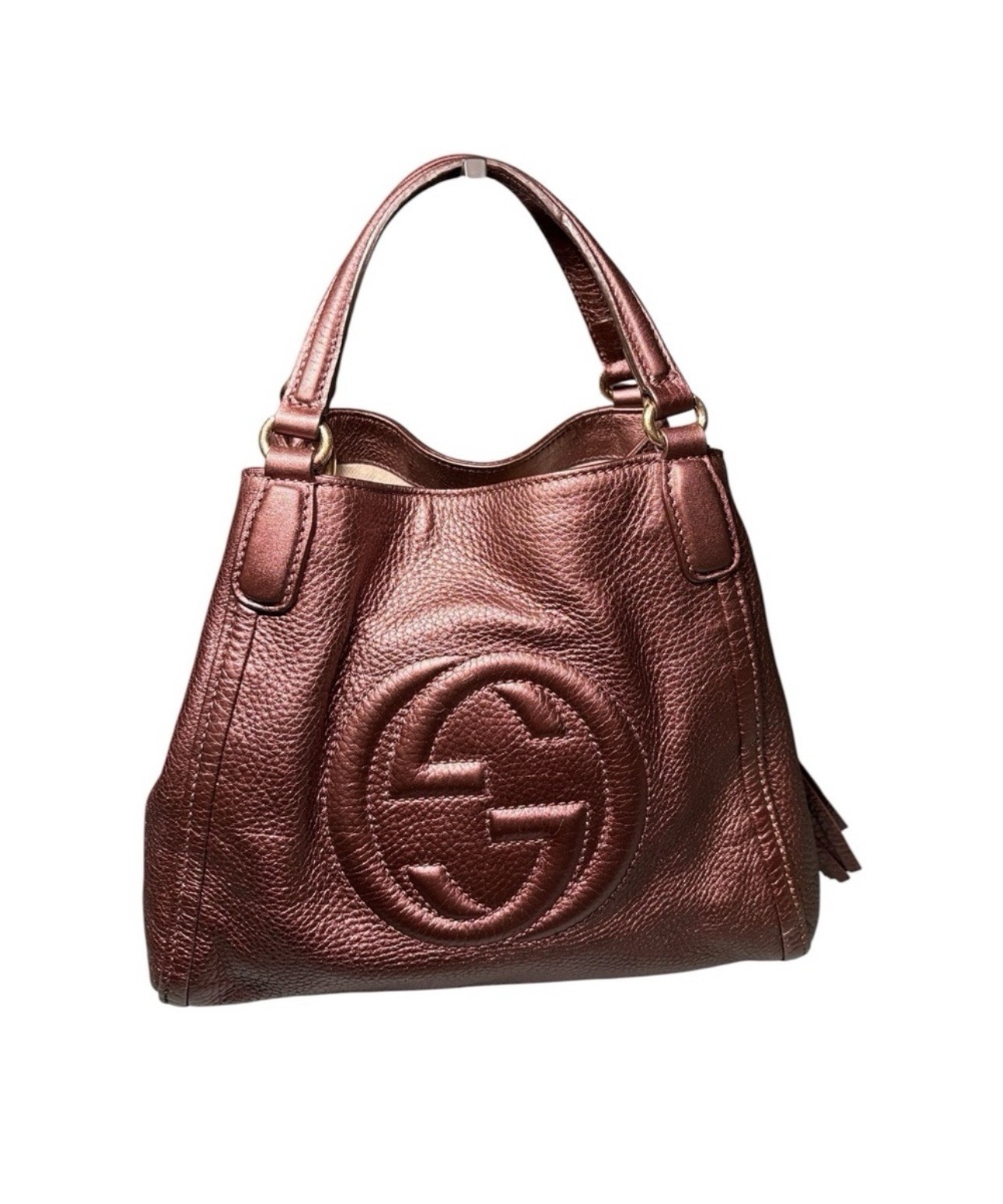 Gucci Soho Small Leather Tote Bag Metallic Burgundy Tassel Satchel 336751