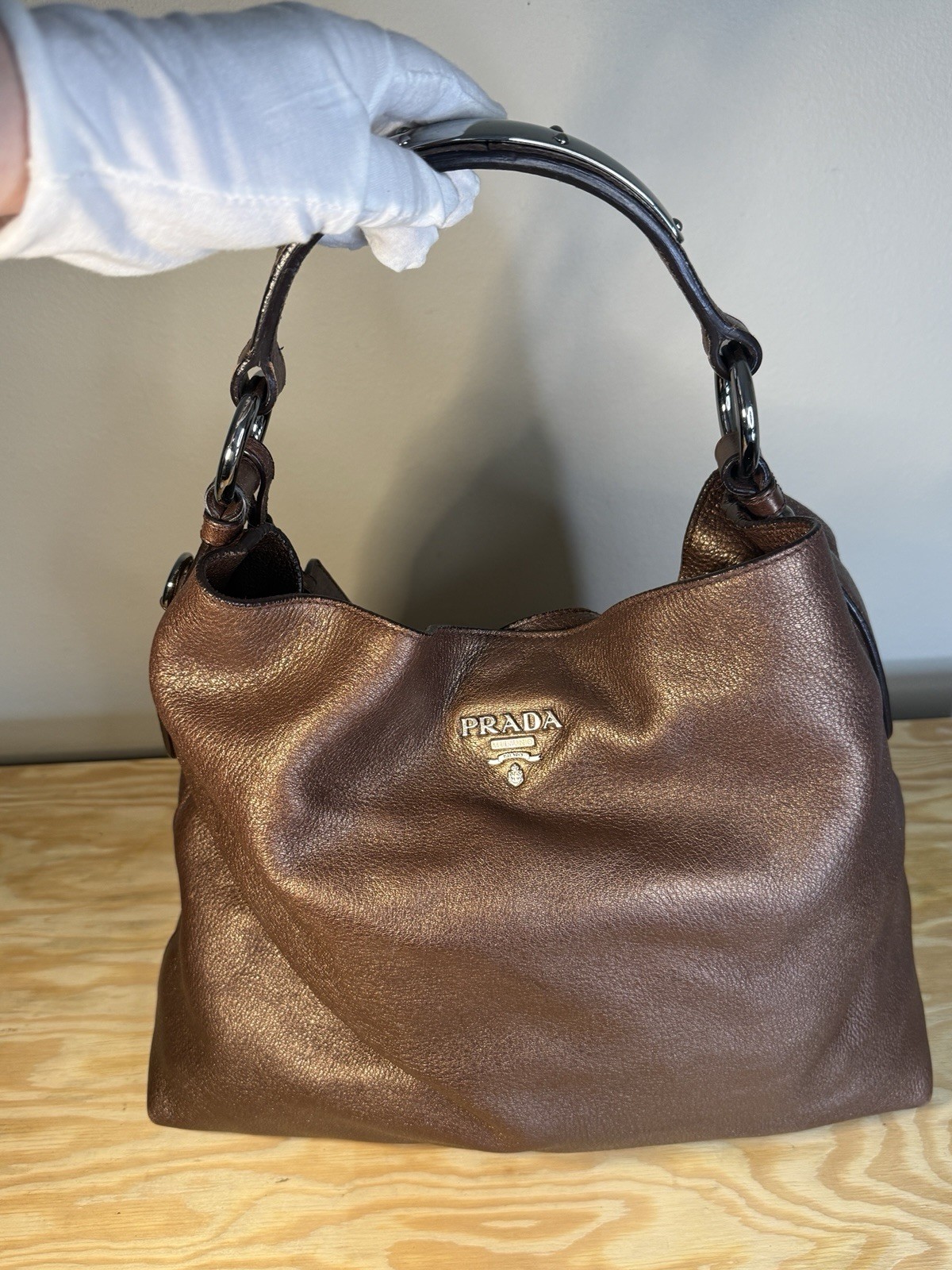 Prada Cervo Metallic Bronze Leather Hobo Shoulder Bag Silver Hardware