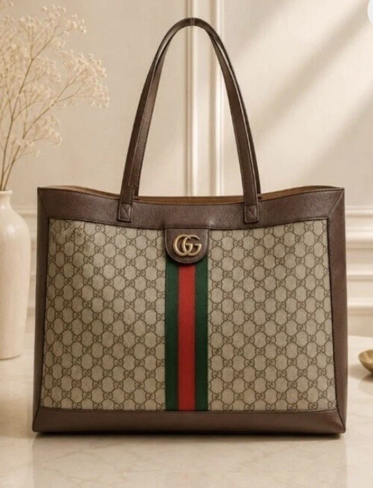 Authentic Gucci Ophidia GG Supreme Canvas Large Tote Bag Web Stripe Shoulder Bag