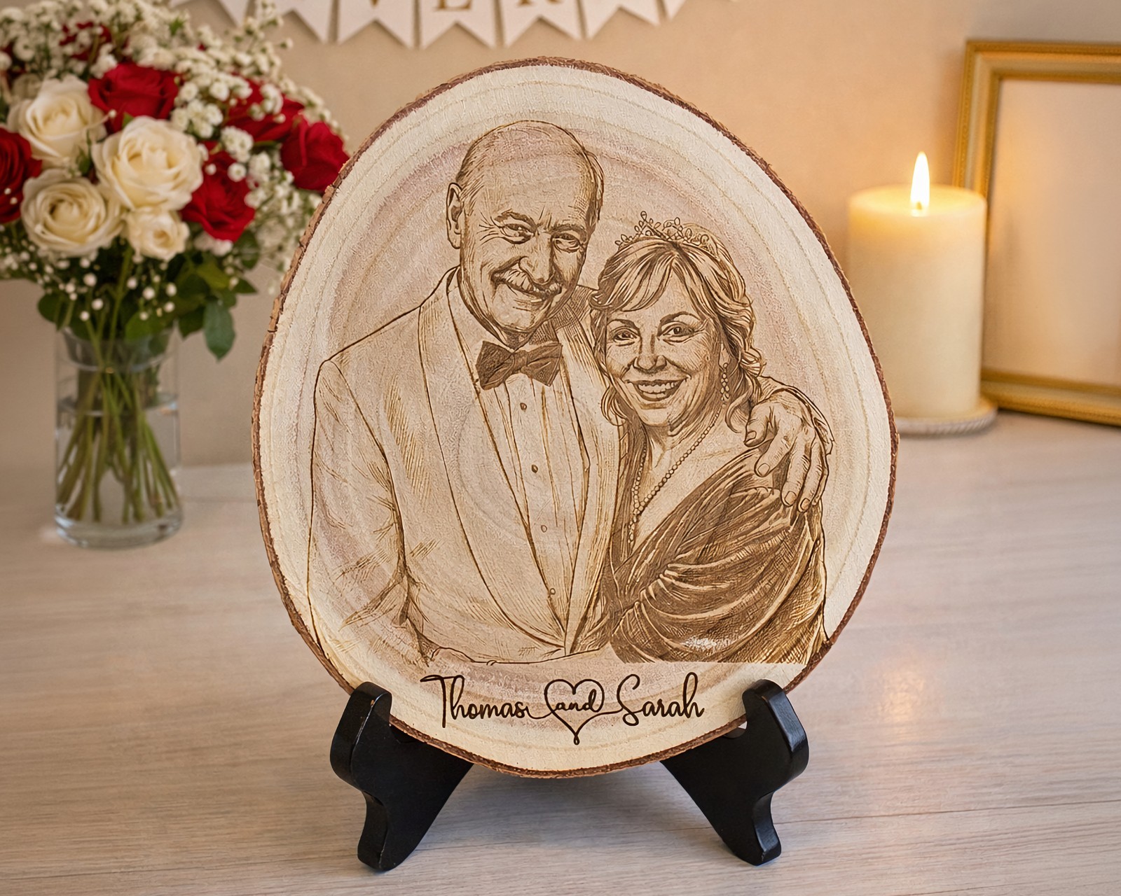 Wood Anniversary Gift For Couples Portrait Wood Slice Engraving 5th Anniversary