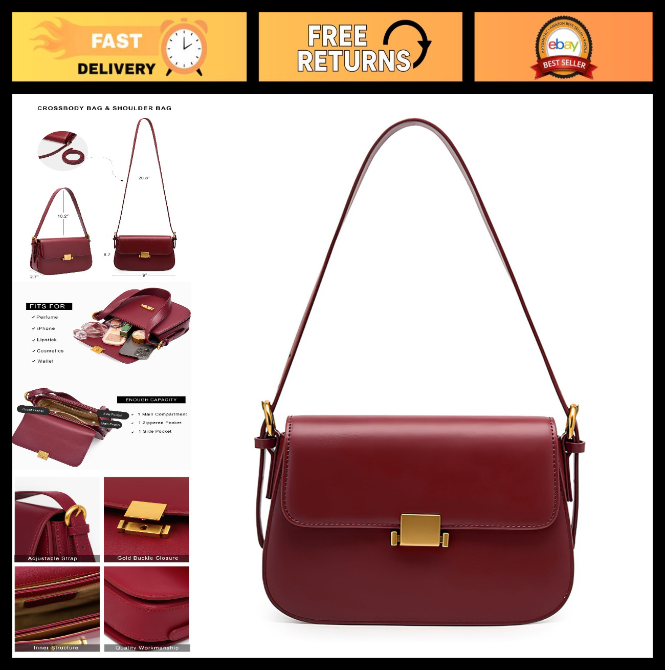 Genuine Leather Women's Crossbody Bag - Small Handbag & Clutch Purse, Stylish Sh