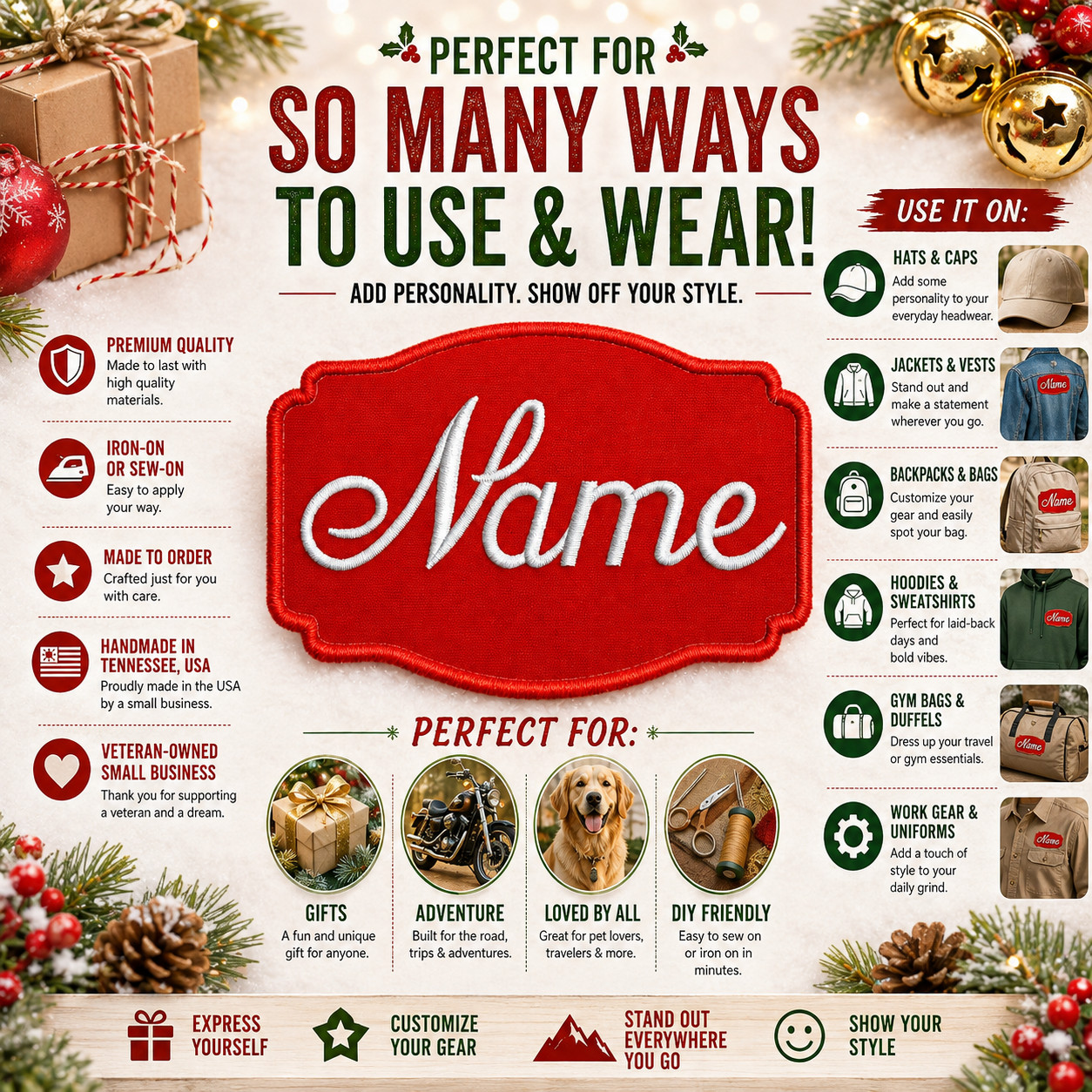 Custom Christmas Embroidered Name Tag Patch iron-on YOUR NAME Personalized Gift