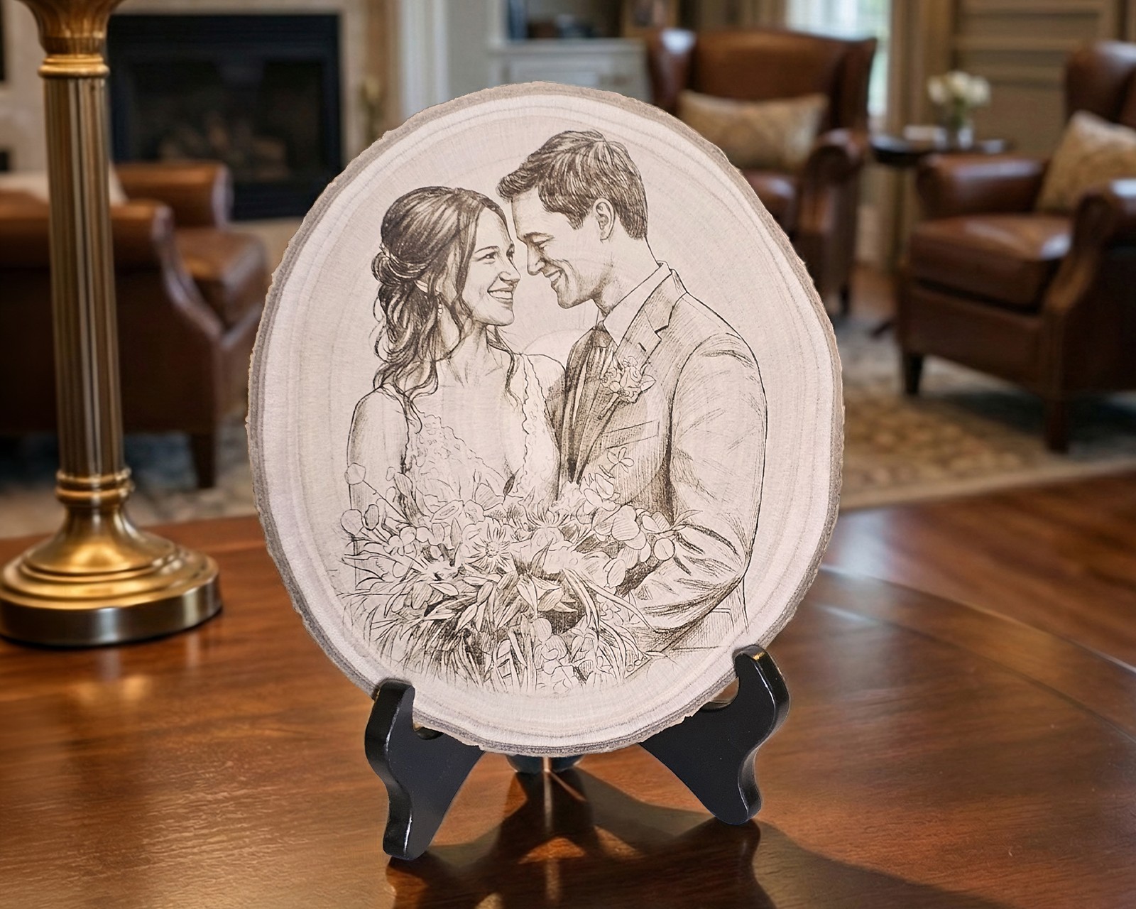 Custom Couples Portrait Photo Wood Slice Engraving Wedding Or Engagement Gift