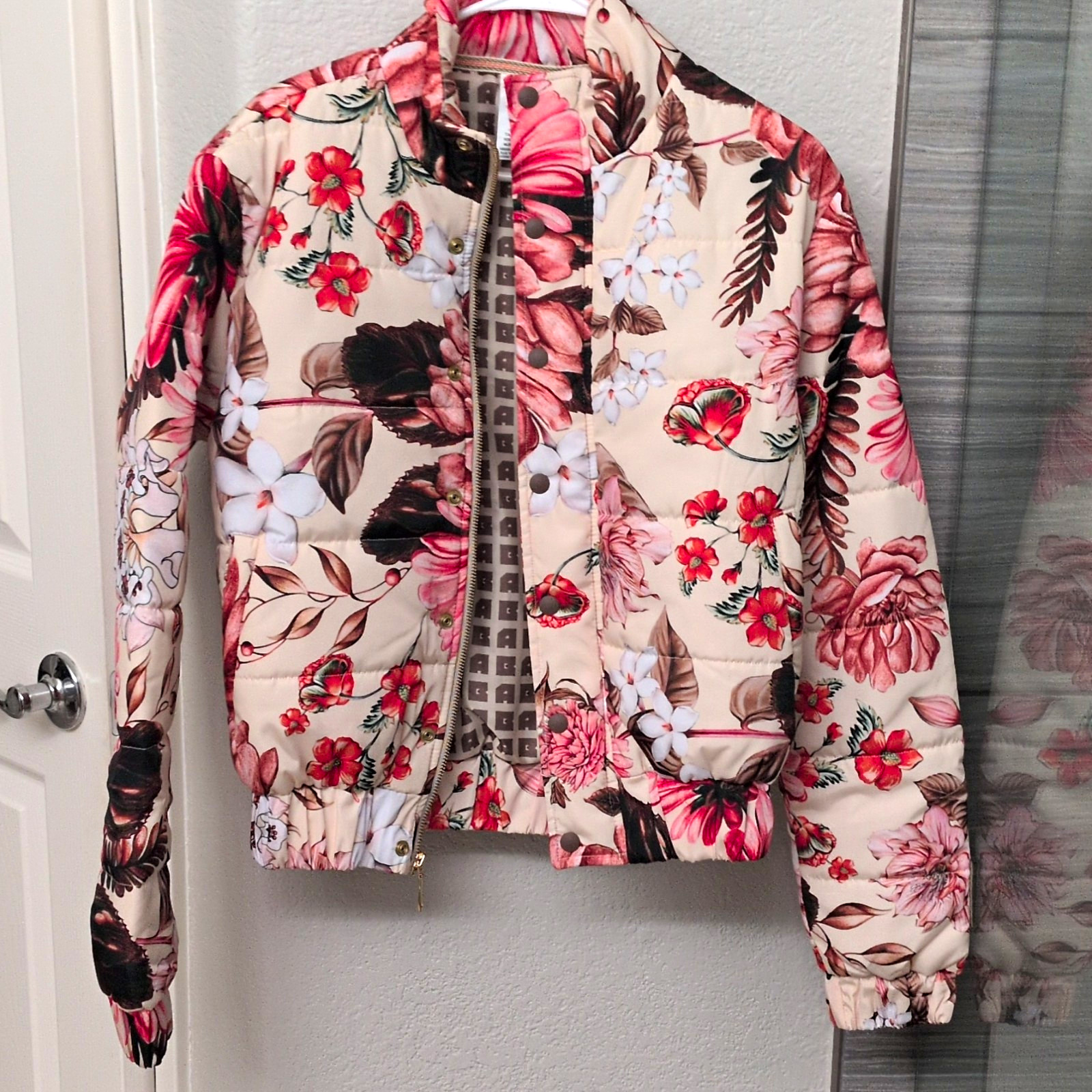 Agua Bendita Eddie Streetwear Floral Bomber Jacket Lined Zip/Snap Beige M