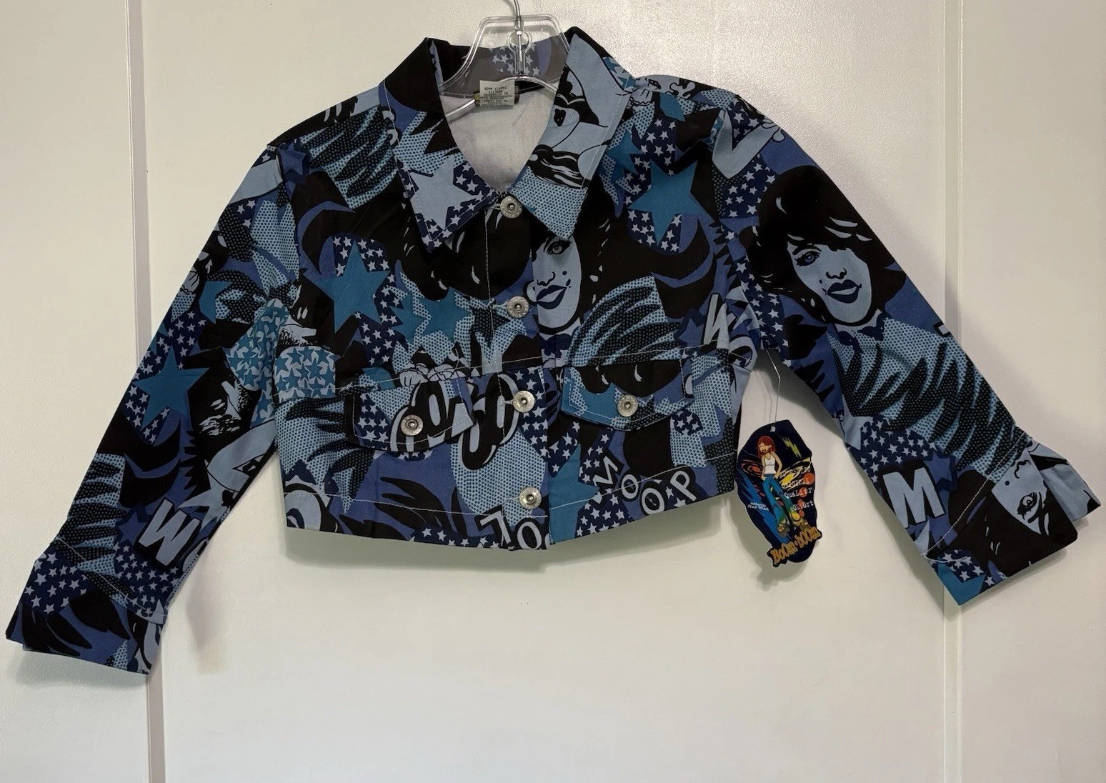 VTG Y2K Boom Boom Jeans Pop Art Comic Graphic Cropped Jacket NWT Blue Small