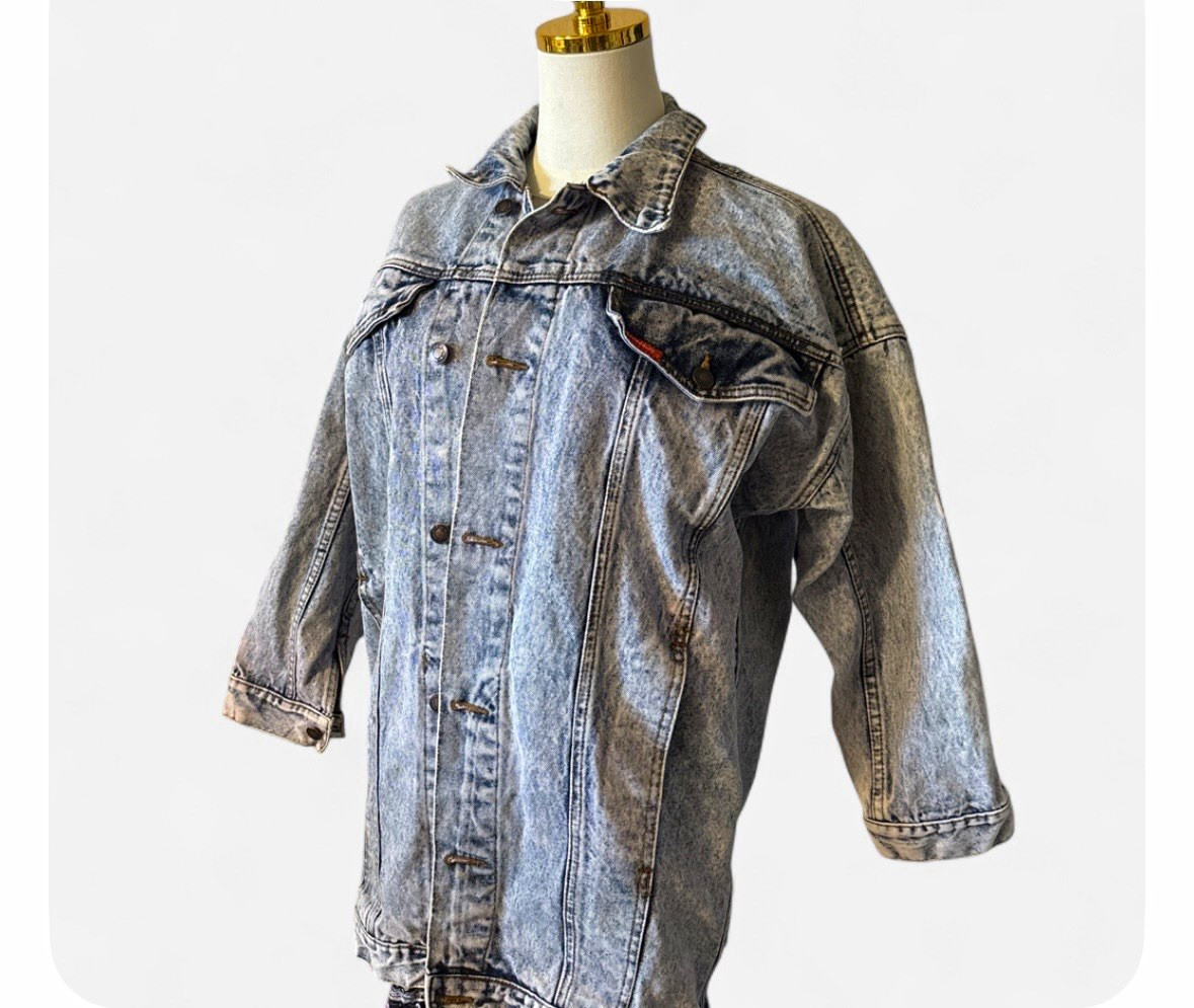 Retro 80s Denim Jean Jacket Mens Small Black Stone Acid Wash Streetwear Gray