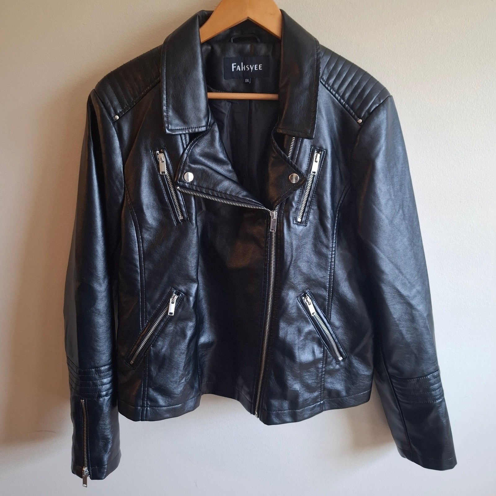 Black Moto Jacket Biker Grunge Urban Streetwear Vegan Leather Zipper Snap Sz XXL