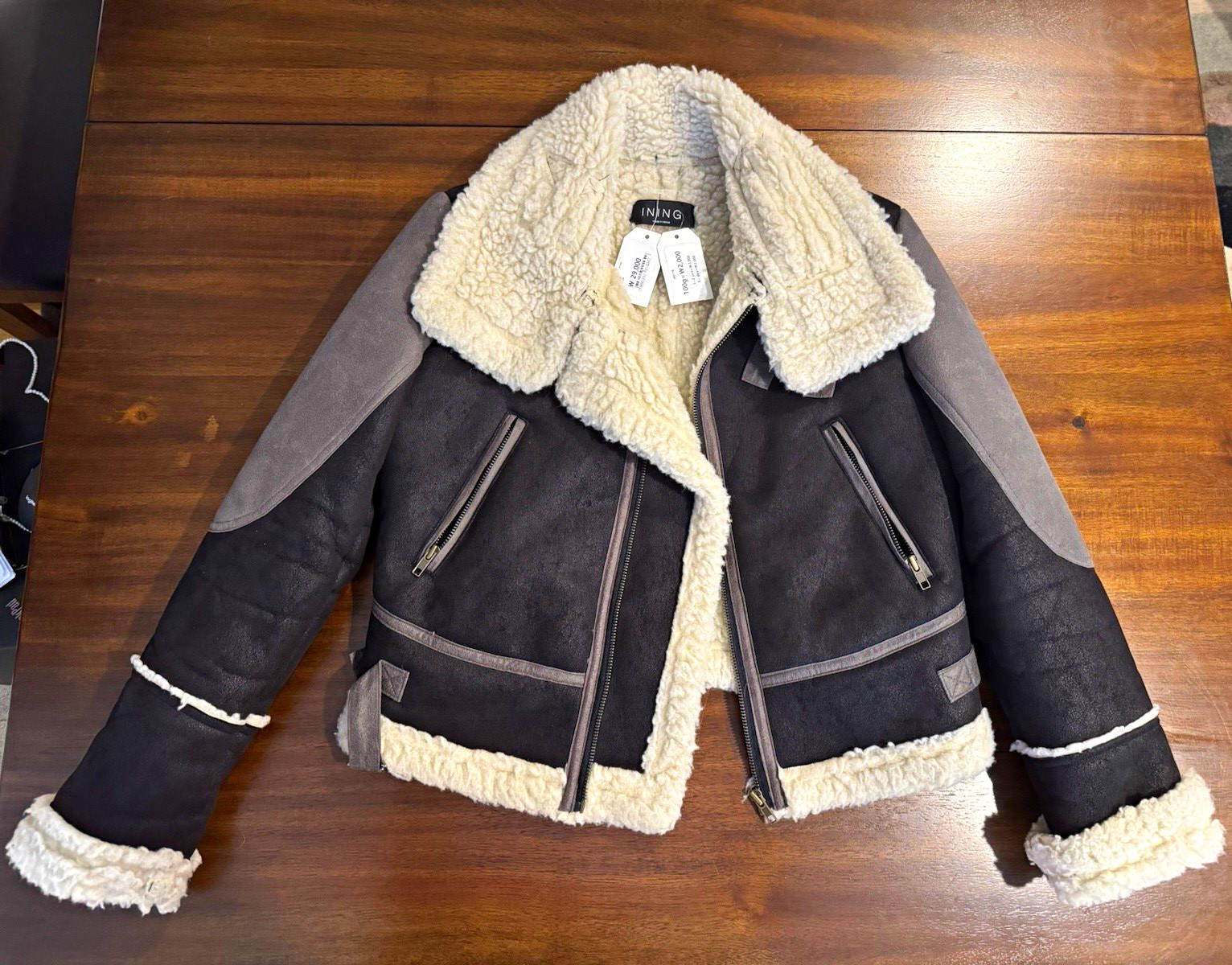 NWT Korean Streetwear Faux Shearling B-3 Aviator Moto Jacket Dark Gray