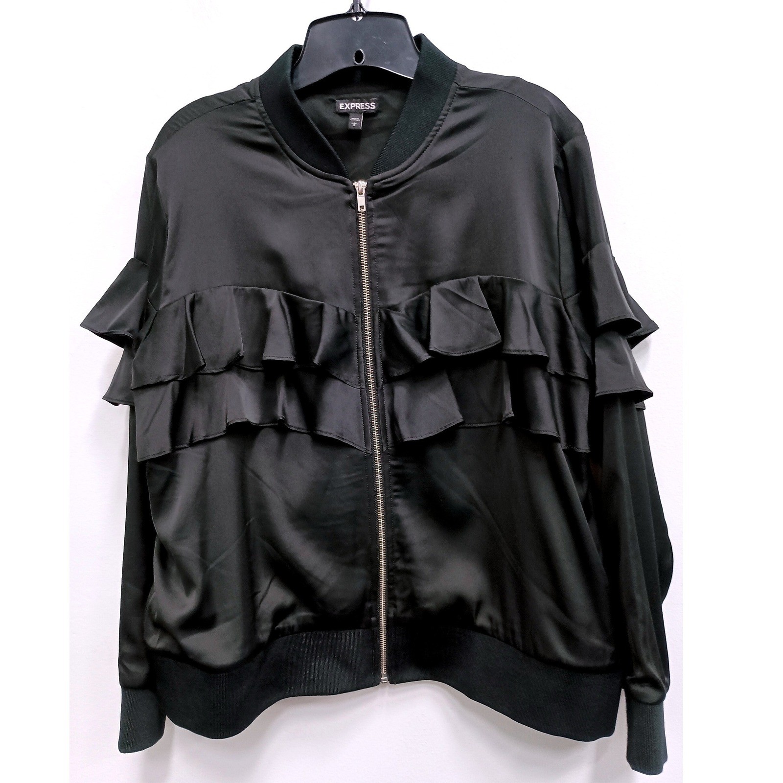 Y2K Express Bomber Jacket Womens Large Black Ruffle Satin Grunge Lightweight
