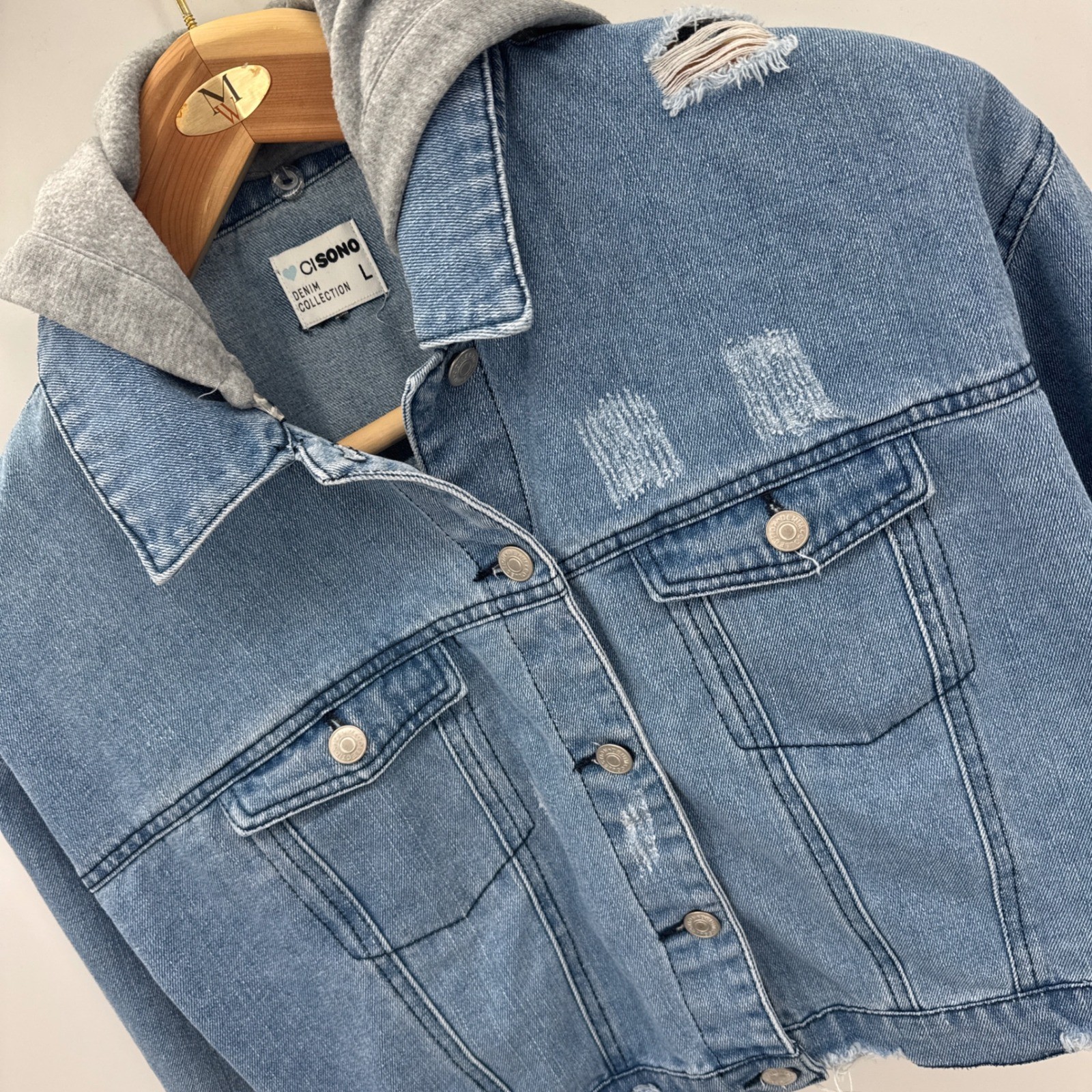 CISONO Denim Jacket Womens L Medium Wash Cropped Hooded Distressed Cotton