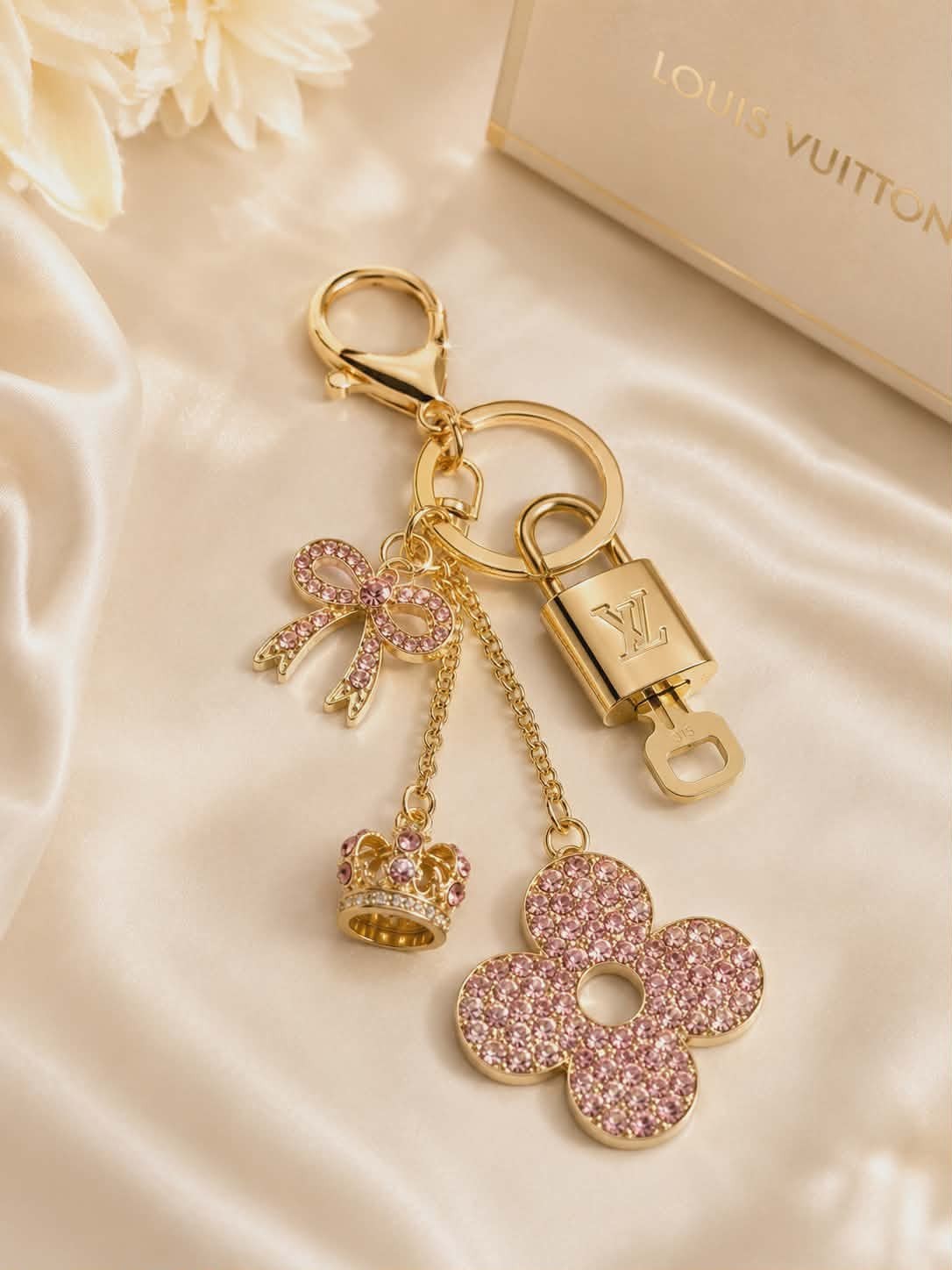 LV Authentic Gold Lock & Key 🔑 Luxury Bag Charm w/ Unbranded Flower Keychain