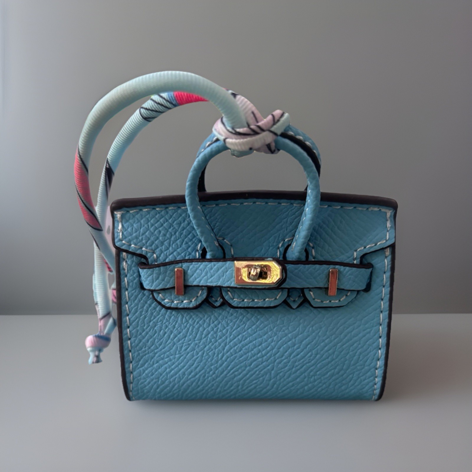 New Luxury Designer Inspired Blue Bag Purse Charm Faux Leather Gold Accent Scarf
