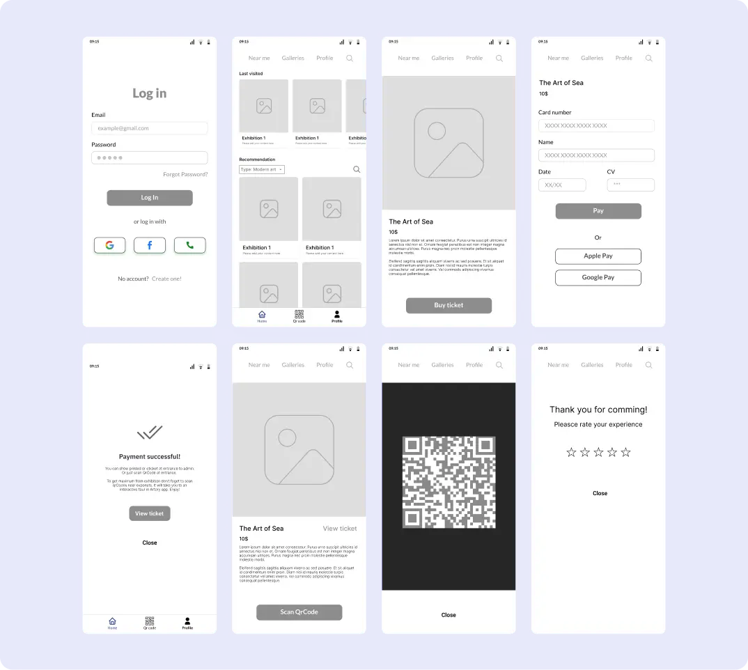 Wireframes of an Artory app