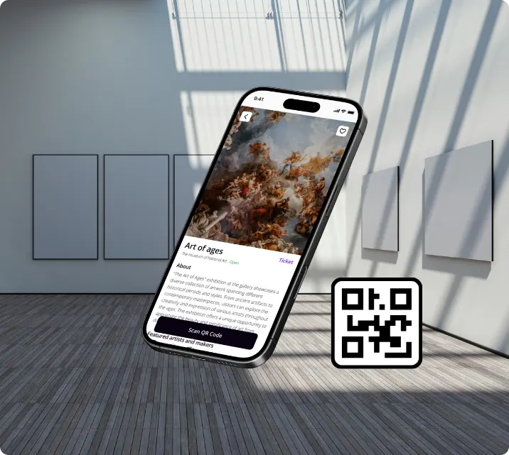 Artory mobile app interface showcased against a gallery background