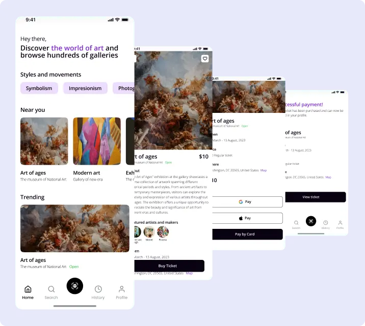 Artory app interface preview for exhibition ticketing and guides