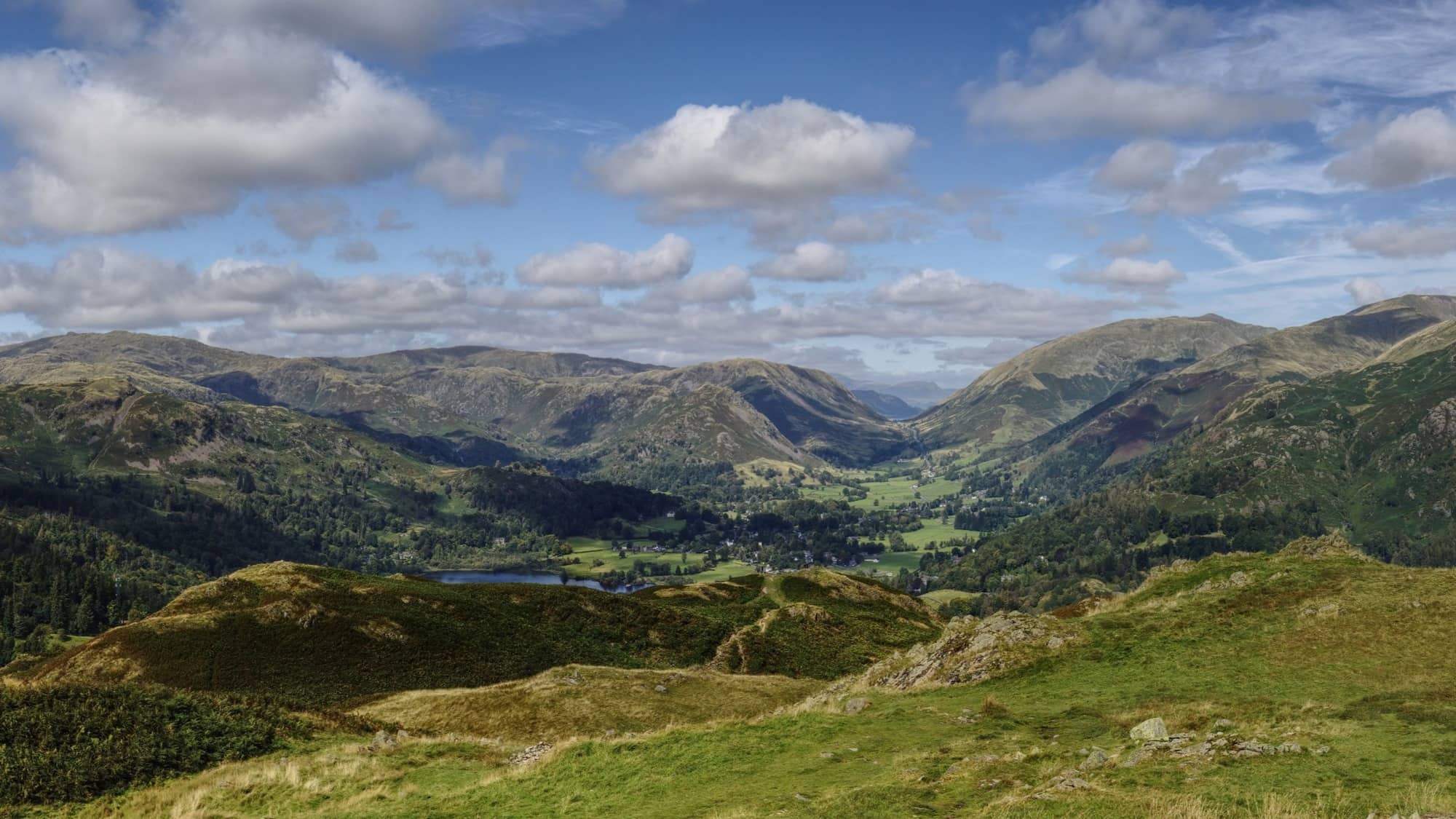 View from the summit of Loughrigg Fell overlooking Grasmere and the central Lake District.