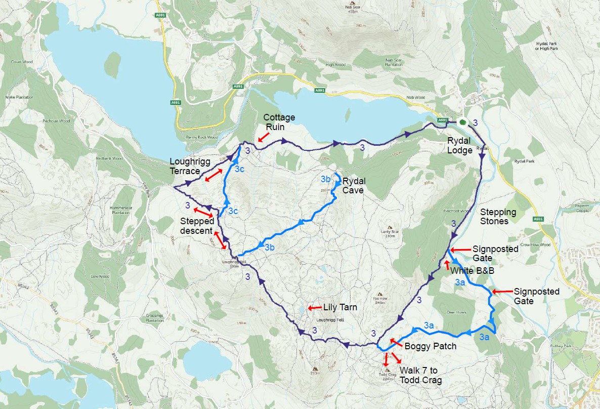 Map of Loughrigg Fell circular walk from Rydal Water near Ambleside showing Route 3 with optional Rydal Cave detour
