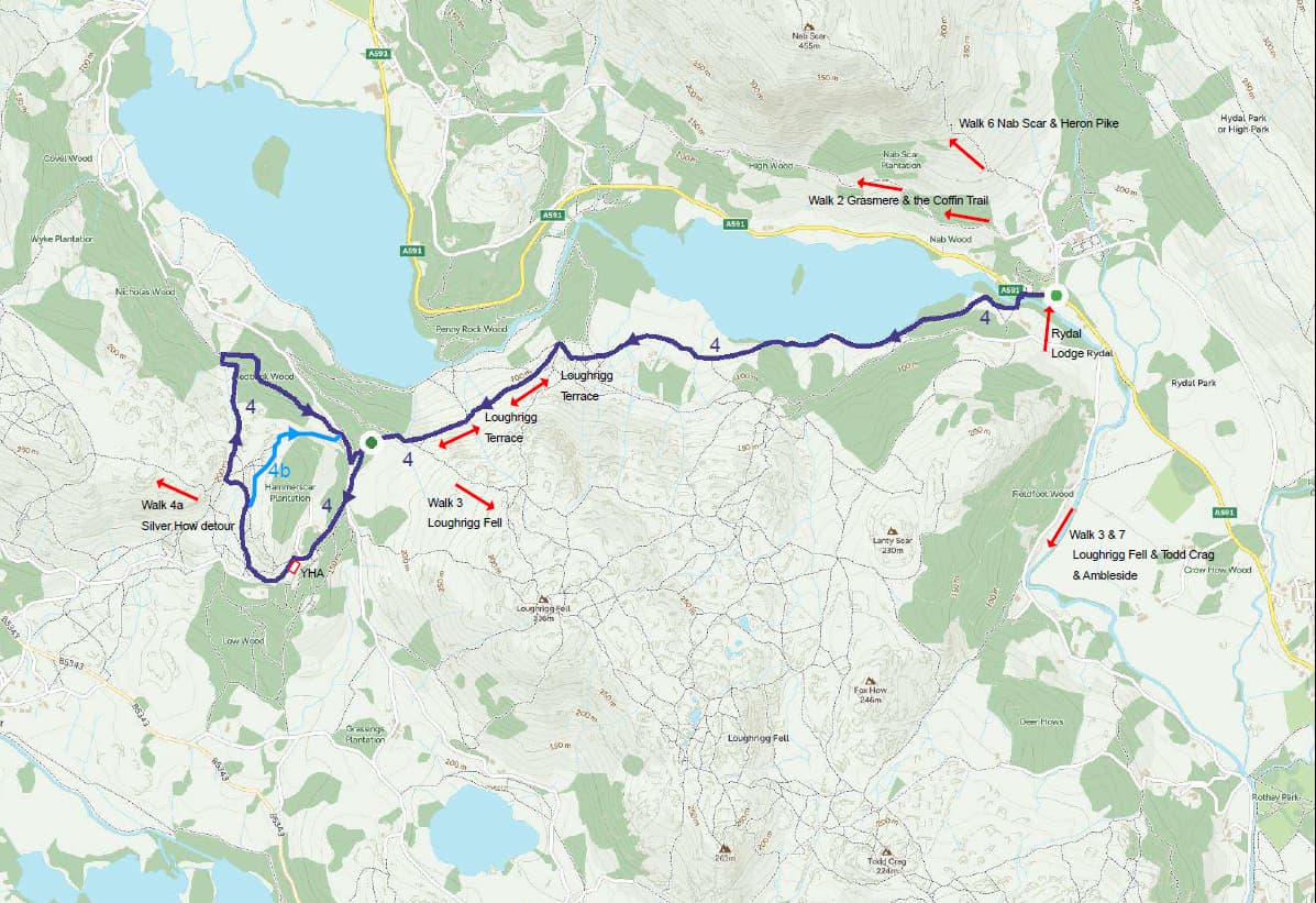 Loughrigg Terrace walk route map from Rydal Water near Ambleside with views over Grasmere