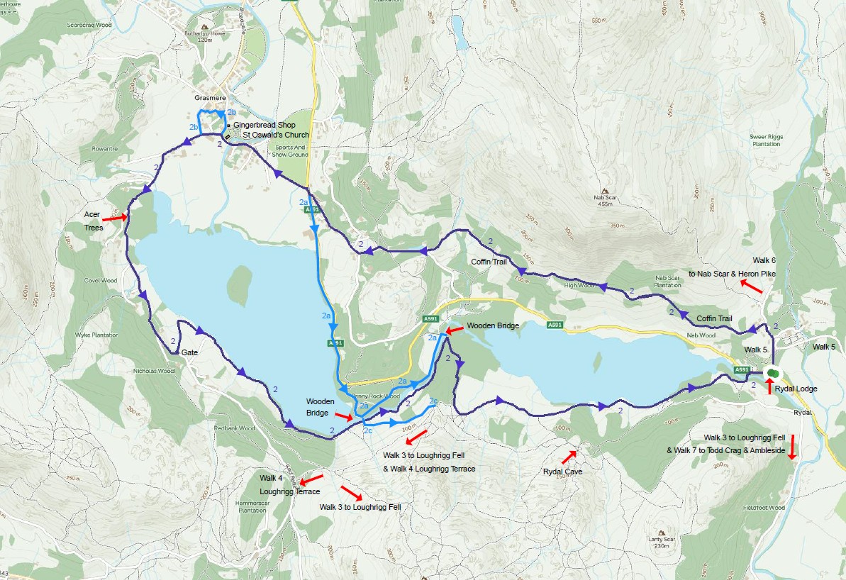Grasmere circular walk map showing Route 2 from Rydal village via Coffin Trail and Grasmere shoreline