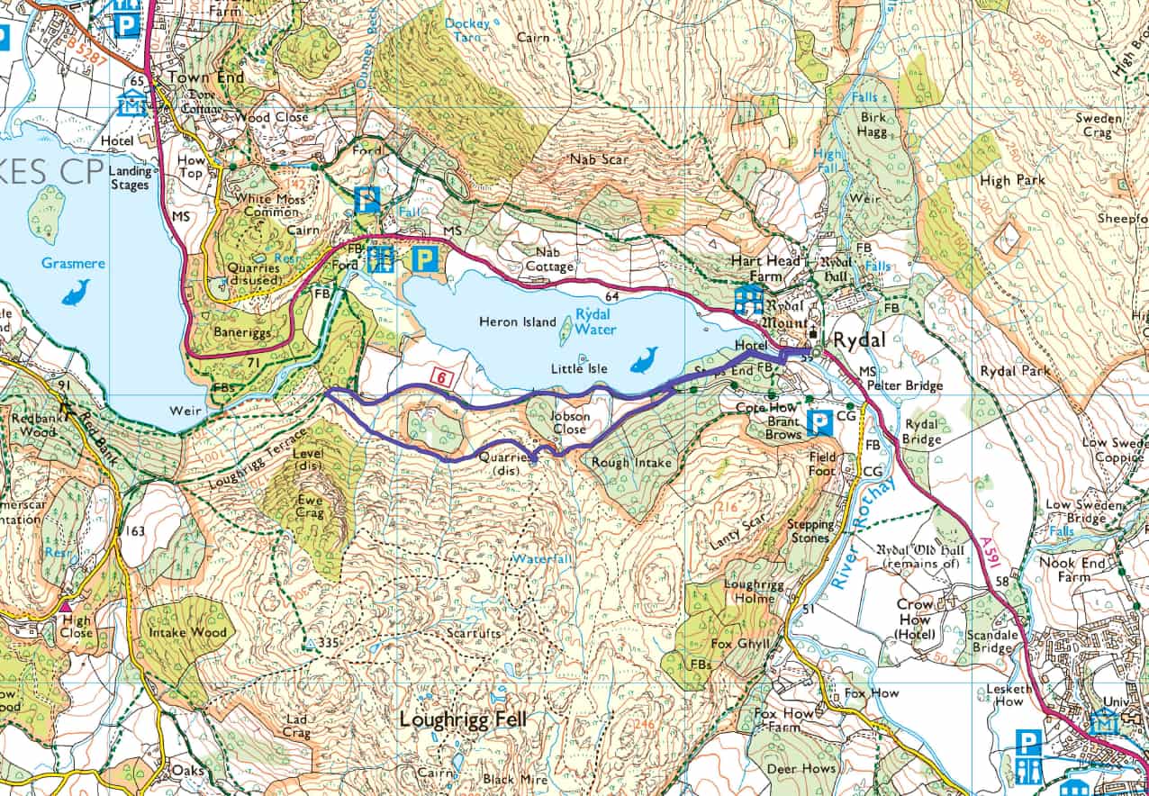 Rydal Cave circular walk map showing route from Rydal Water near Ambleside
