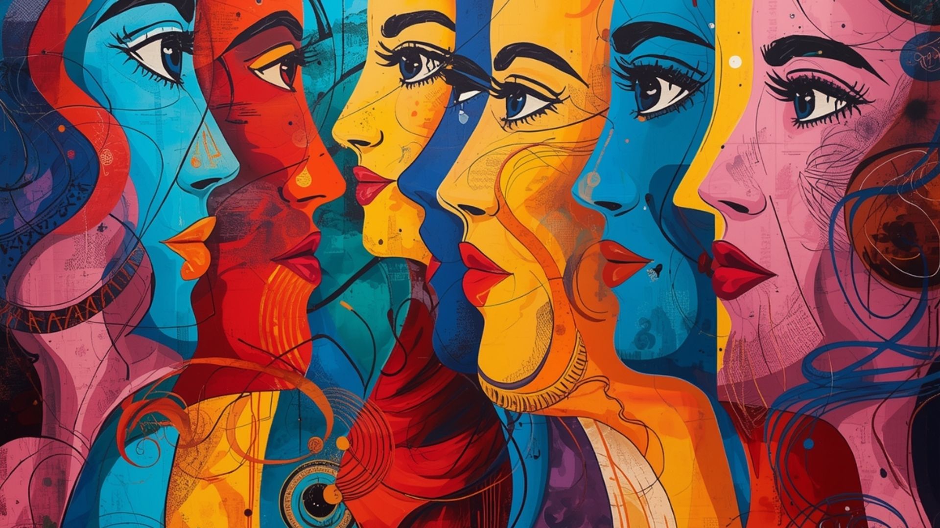 An artistic image of the outline of feminine faces of all colors (yellow, blue, pink red,) interconnected and looking at each other in different directions